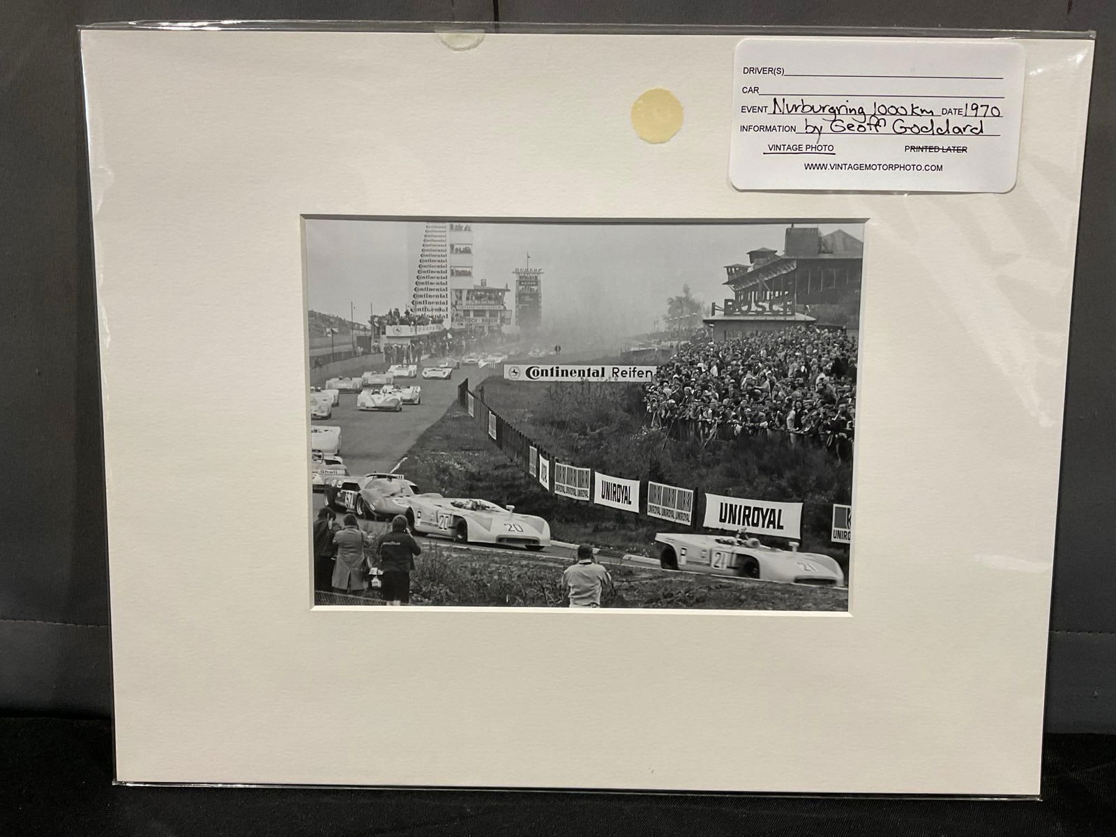 Vintage 1970 Racing Photo Nurburgring 1000KM by Geoff Goddard, 12h x 15w inches: Vic Elford & Kurt Ahrens in front who won the Nurburgring 1000KM, photo by Geoff Goddard. Appears to be in good shape. The piece measures approx 12h x 15w x 3d inches. See pics. E-5420