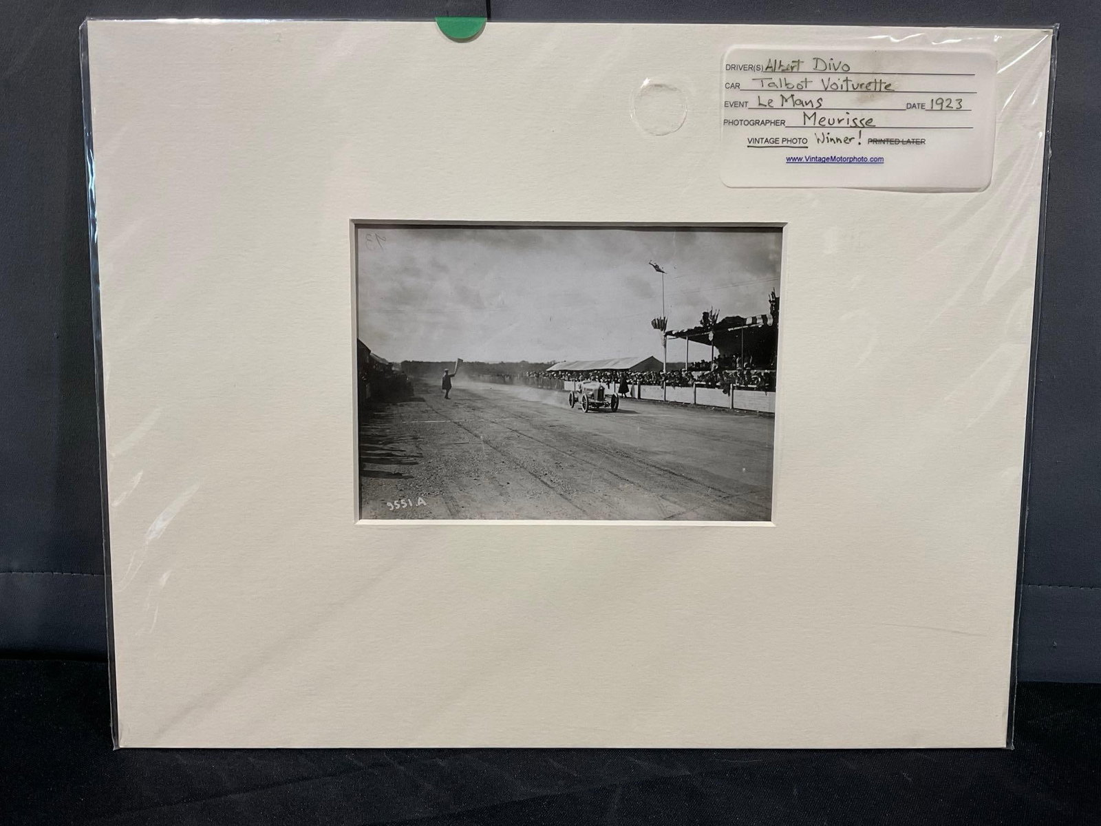 Vintage Racing Photo Albert Divo, Talbot Voiturette Le Mans 1923 by Meurisse, 12x15 inches: Appears to be in good shape. The piece measures approx 12h x 15w x 2d inches. See pics. E-5420