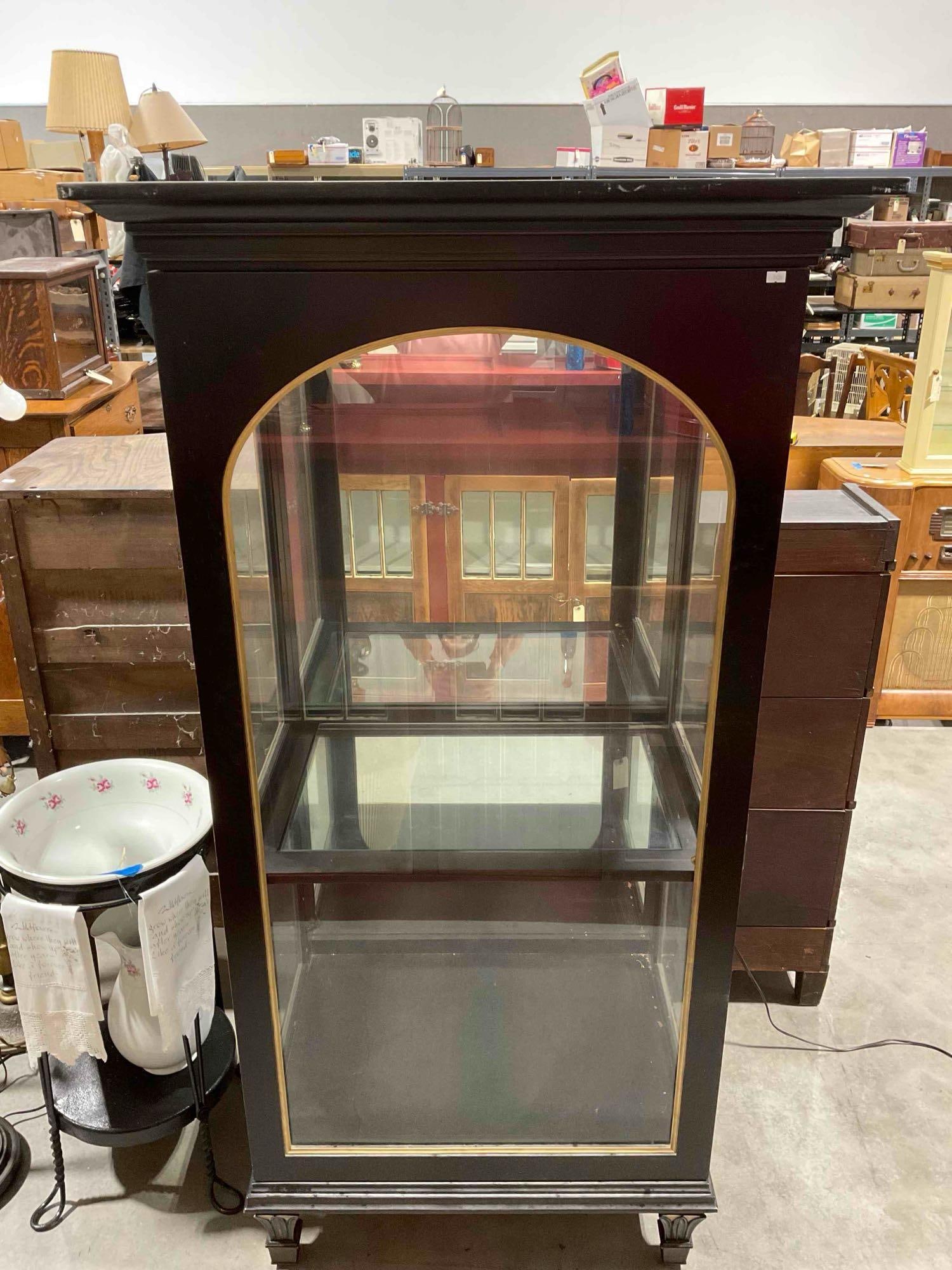 Modern FurnLite Dark Wood Finish Display Cabinet w/ Sliding Glass Door. Tested, Not Working.: Modern FurnLite Dark Wood Finish Display Cabinet w/ Sliding Glass Door. Tested, Not Working. Gothic style side glass windows. Advertised to turn on with touch, could not turn on. Minor wear indicative