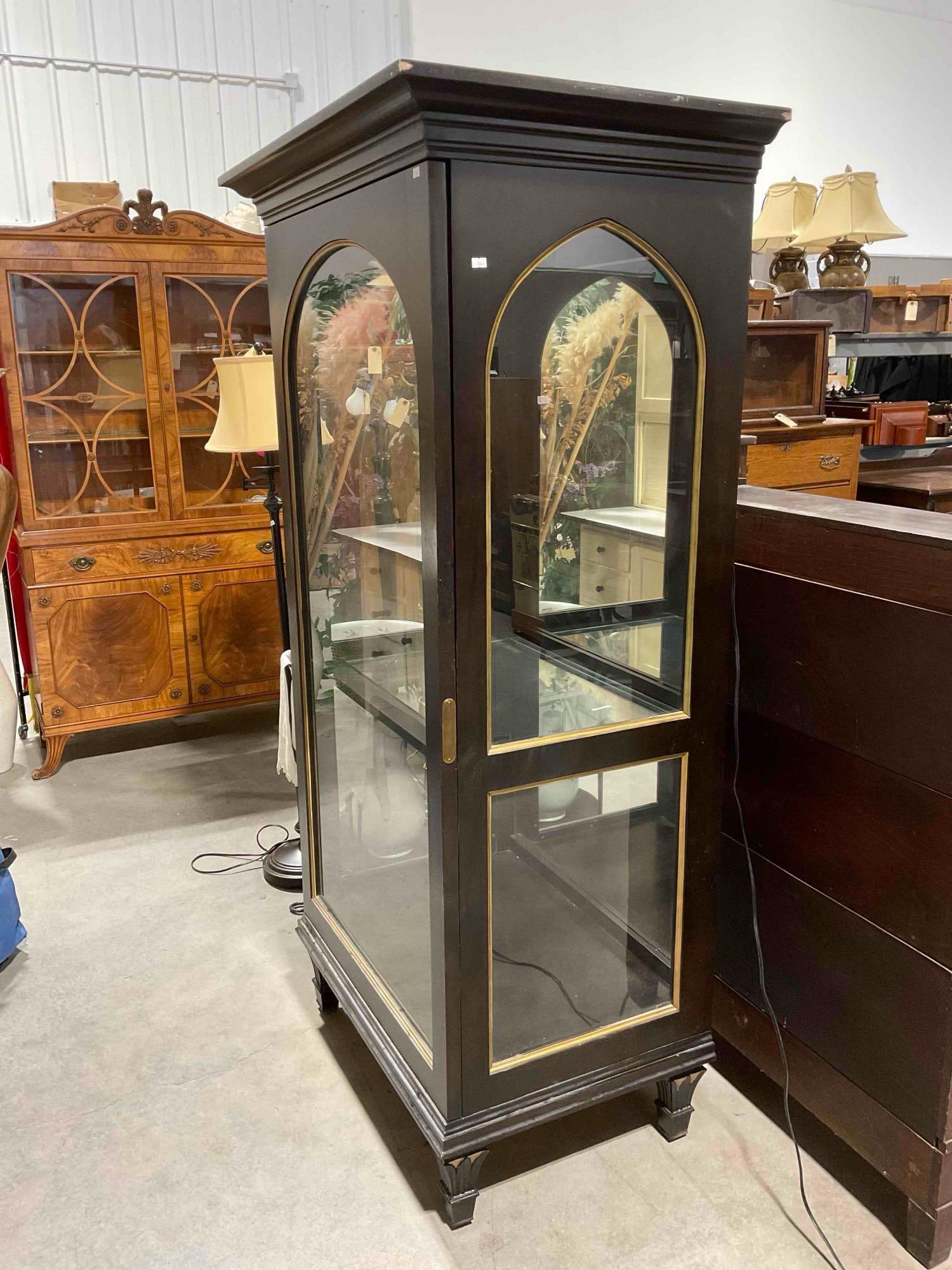 Modern FurnLite Dark Wood Finish Display Cabinet w/ Sliding Glass Door. Tested, Not Working. - 2