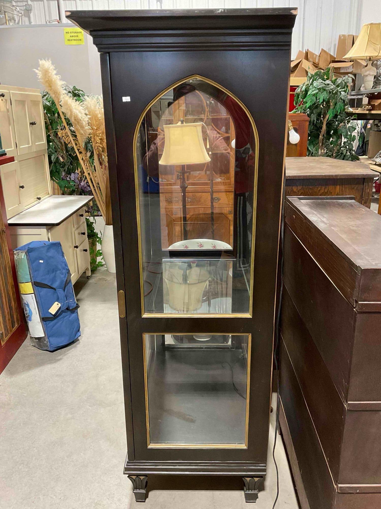 Modern FurnLite Dark Wood Finish Display Cabinet w/ Sliding Glass Door. Tested, Not Working. - 4