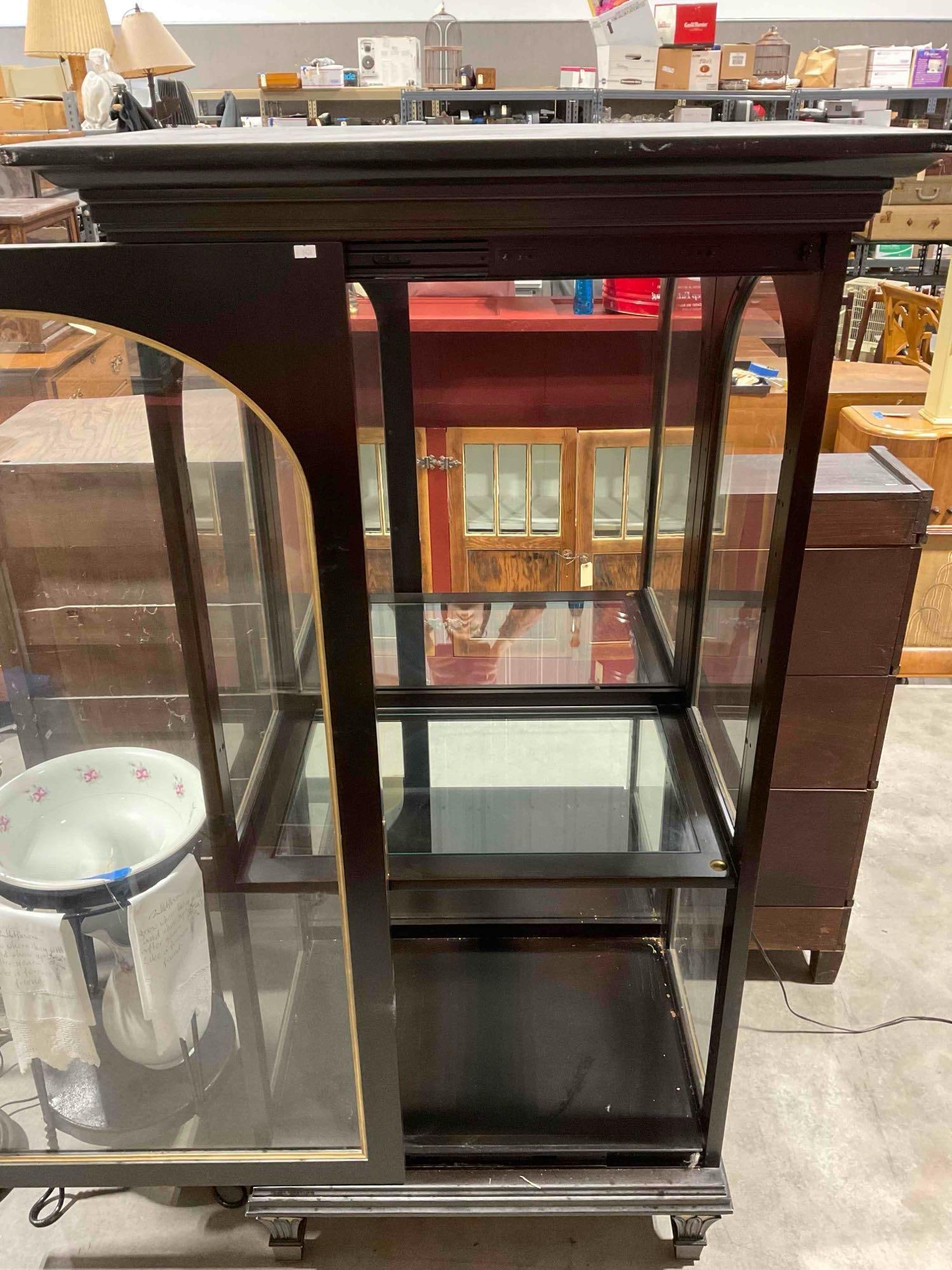 Modern FurnLite Dark Wood Finish Display Cabinet w/ Sliding Glass Door. Tested, Not Working. - 5