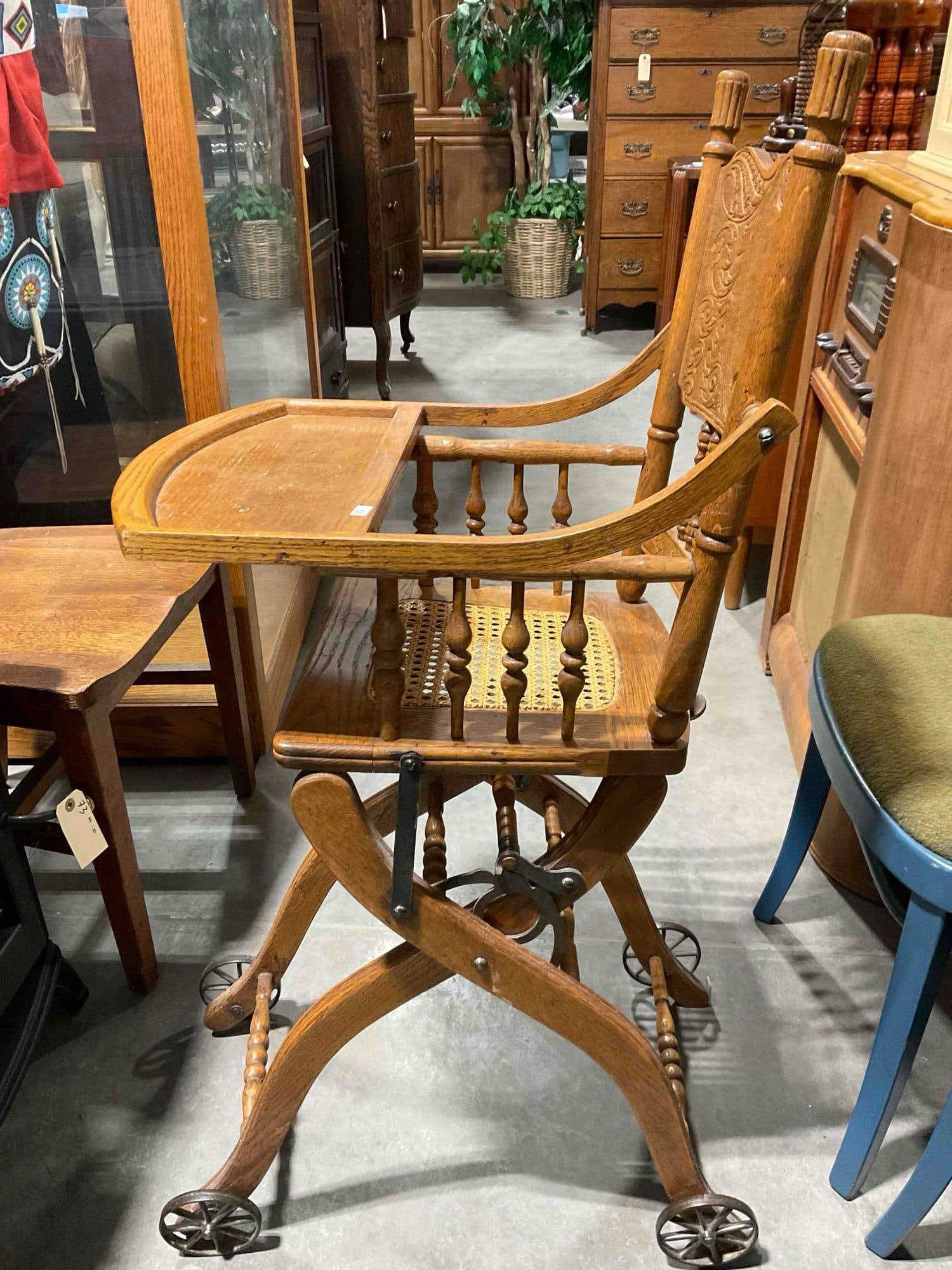 Beautiful Antique Oak Pressback High Chair w/ Caned Seat & Tray. Very Good Condition. See pics. - 3