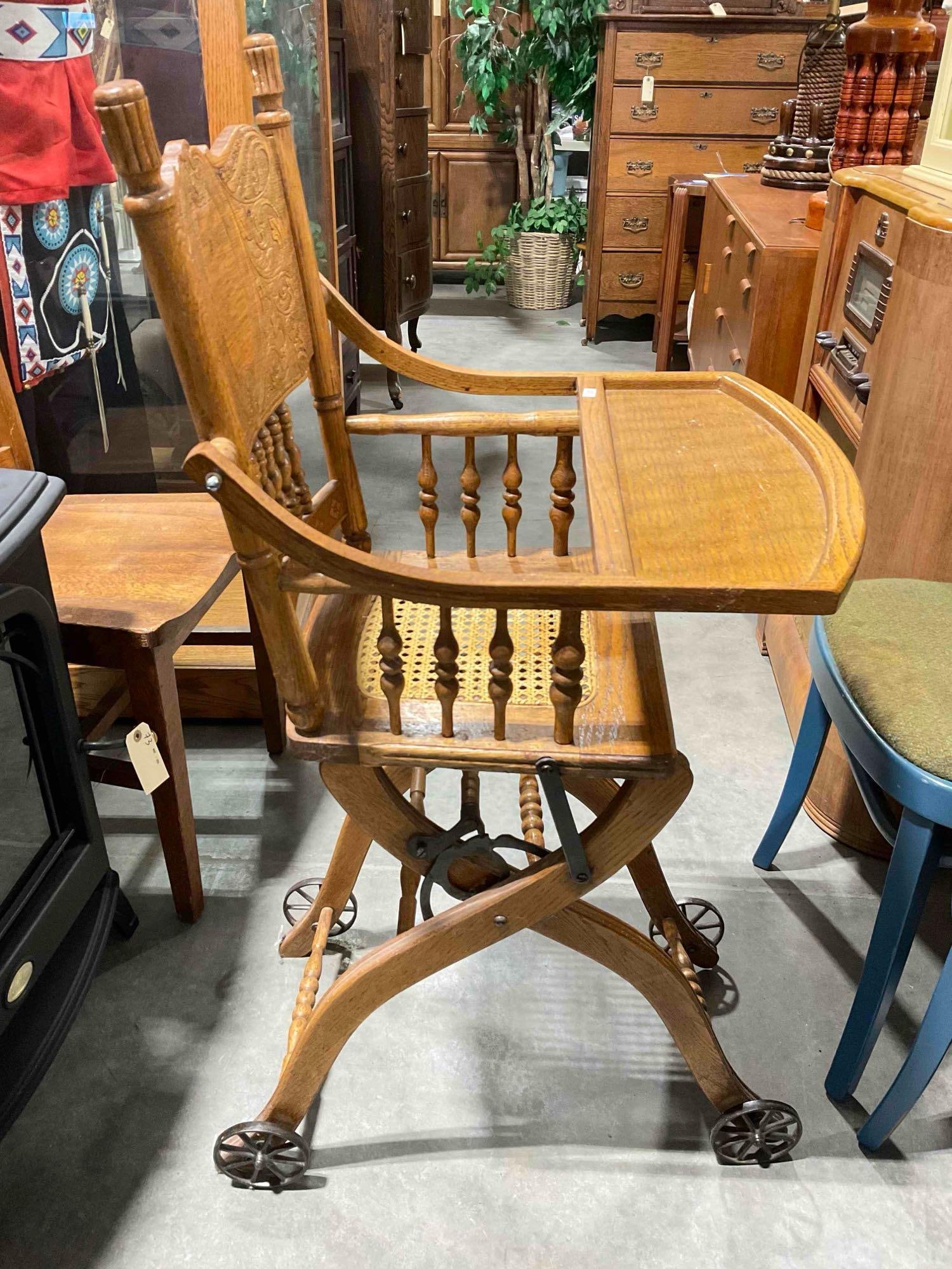 Beautiful Antique Oak Pressback High Chair w/ Caned Seat & Tray. Very Good Condition. See pics. - 5