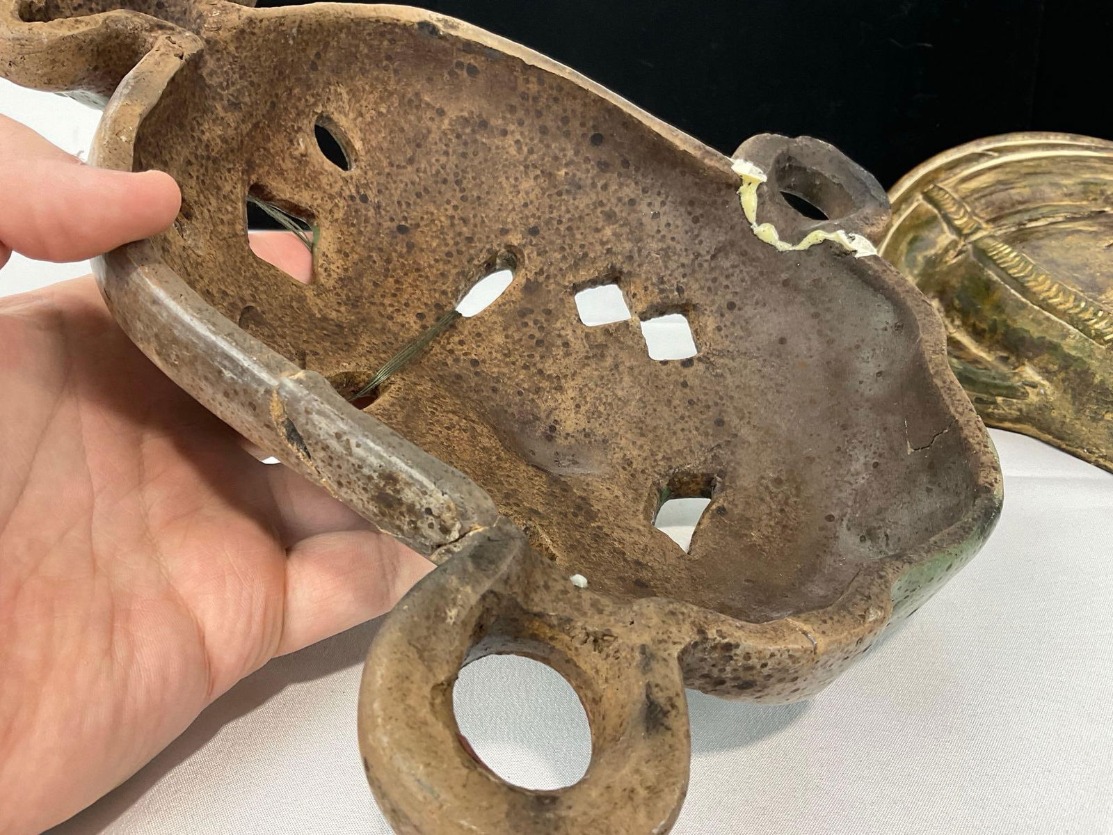 Three Pottery Masks, Mayan style, Red, Green & Yellow Glazed, 14h x 16w x 11d inches - 6