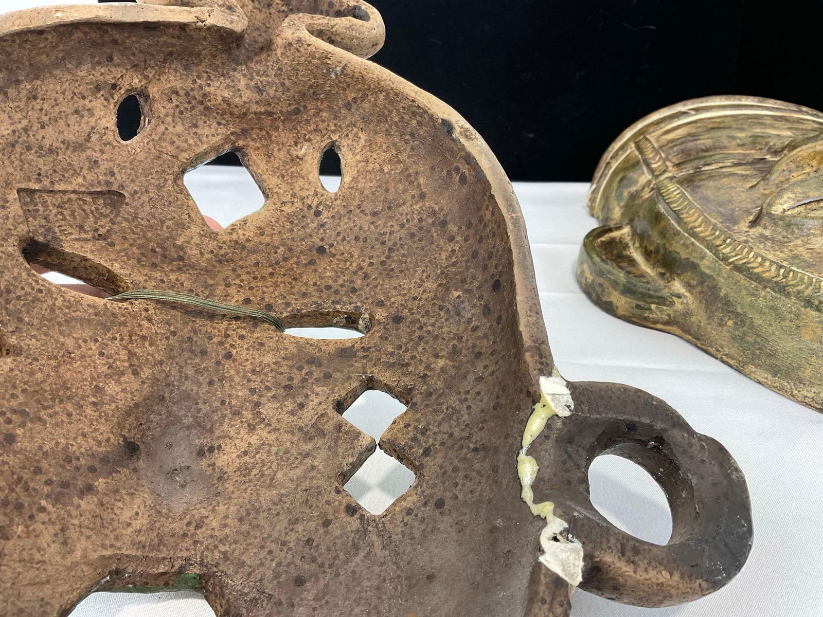 Three Pottery Masks, Mayan style, Red, Green & Yellow Glazed, 14h x 16w x 11d inches - 7