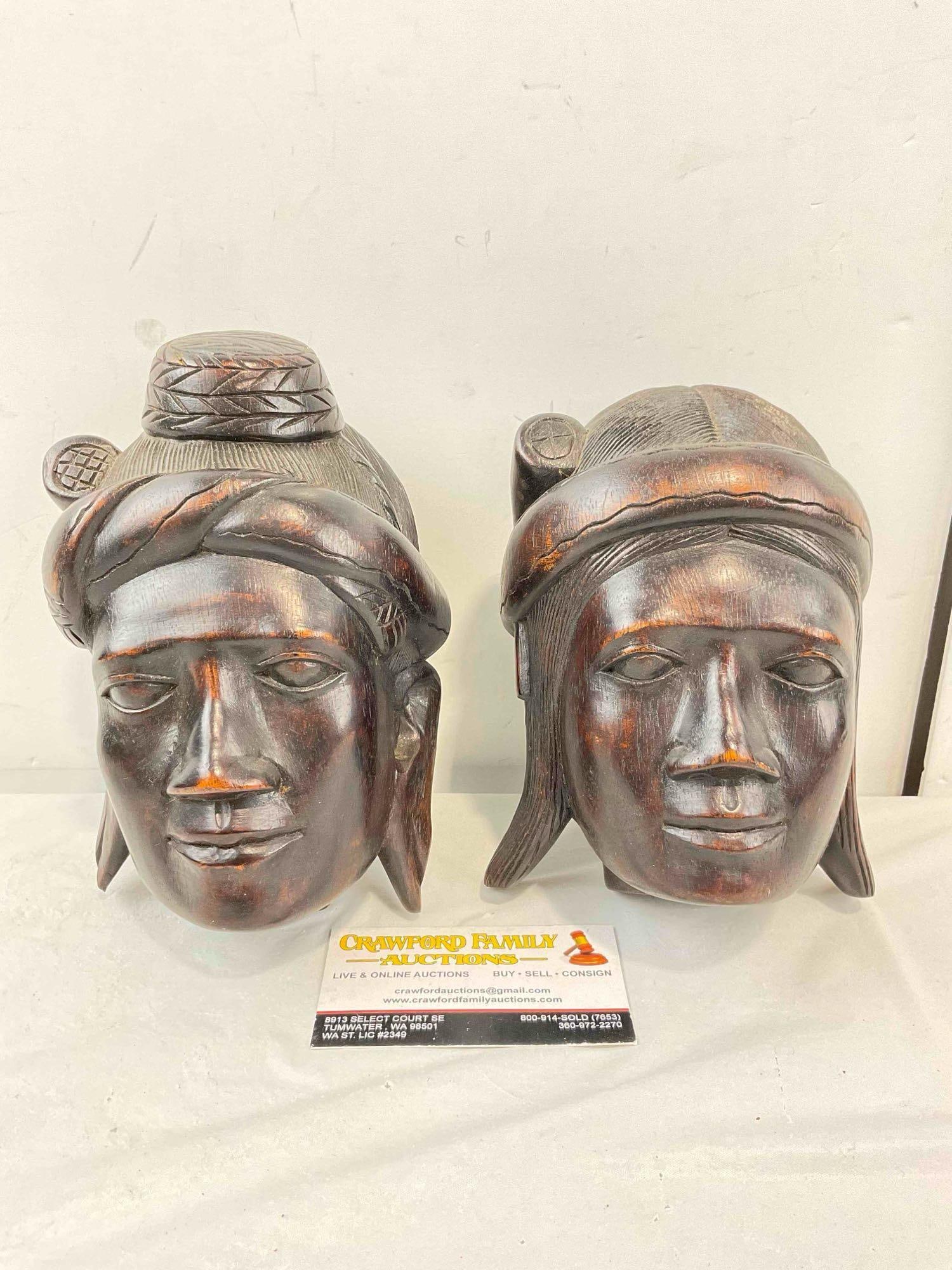 2 pcs Vintage Cambodian Carved Man & Woman Face Wall Hangings. Very Good Condition. See pics.: 2 pcs Vintage Cambodian Carved Man & Woman Face Wall Hangings. Very Good Condition. Measures 5" x 4" x 7" Minor wear indicative of age, condition is otherwise very good. DM-5360 