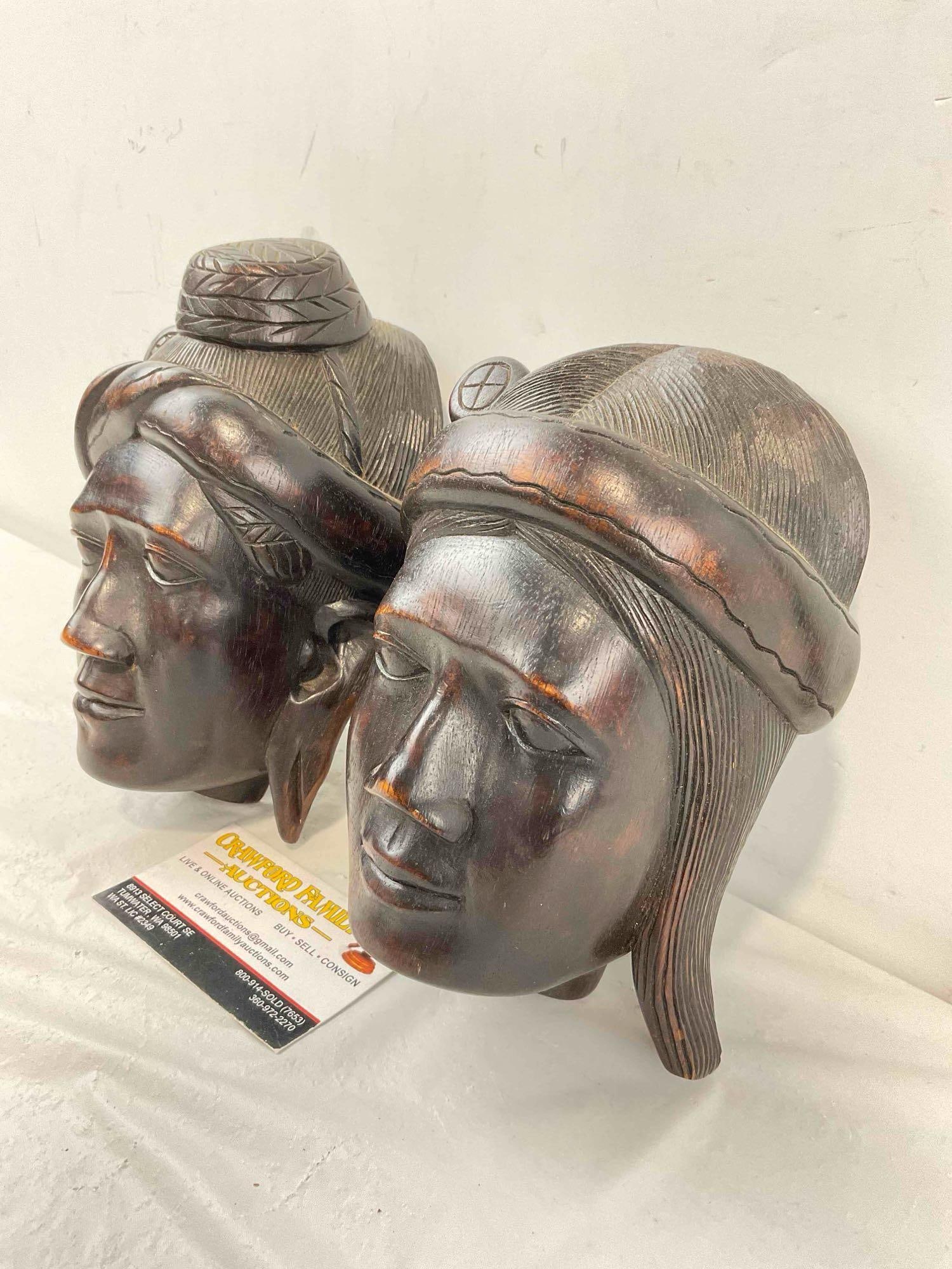 2 pcs Vintage Cambodian Carved Man & Woman Face Wall Hangings. Very Good Condition. See pics. - 2