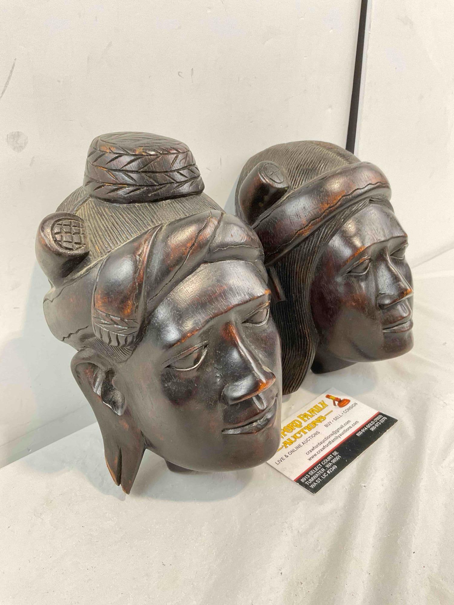 2 pcs Vintage Cambodian Carved Man & Woman Face Wall Hangings. Very Good Condition. See pics. - 3