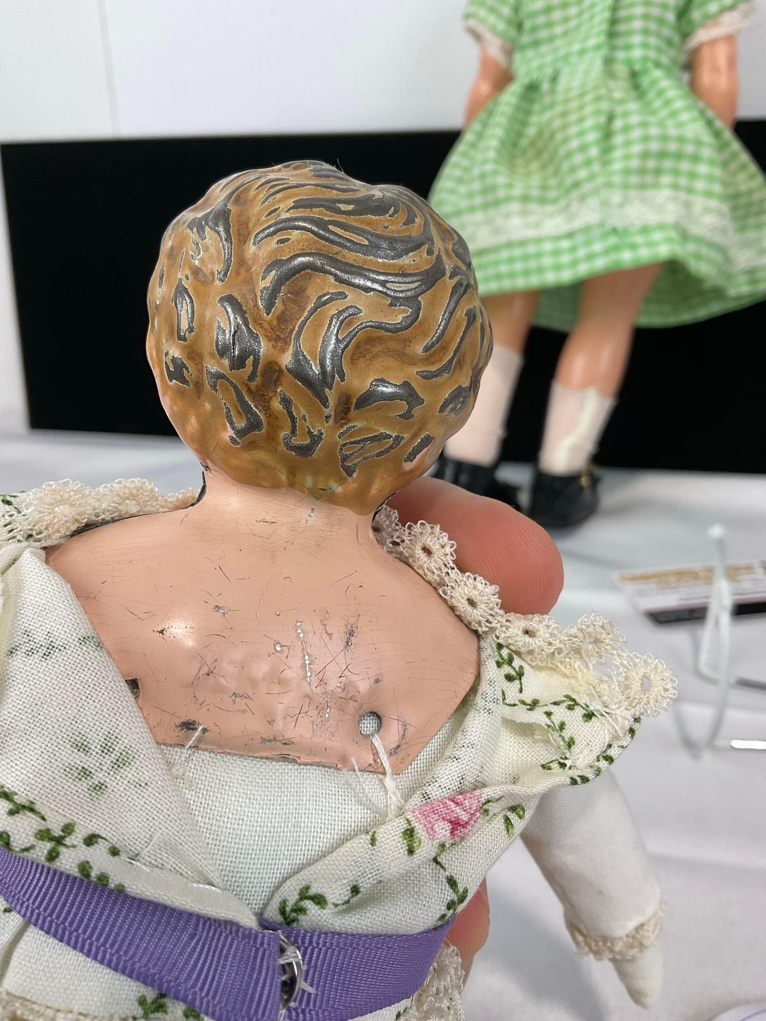 Antique German Metal Head Doll, Knickerbocker Toy Co Annie & Unmarked Doll - 6