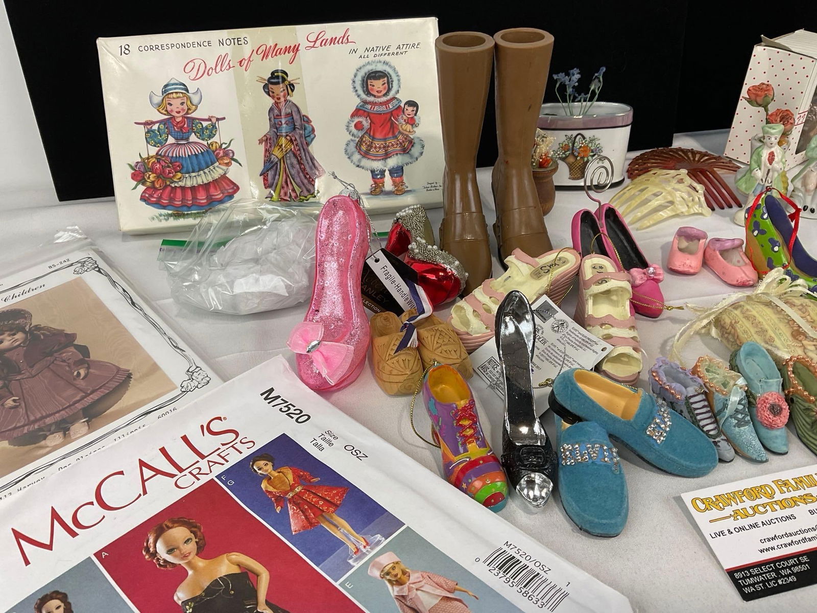 Asst of Doll related Collectibles, Shoe & Teapot Figures, Asst Clothes, Planters, Combs, Patterns - 2