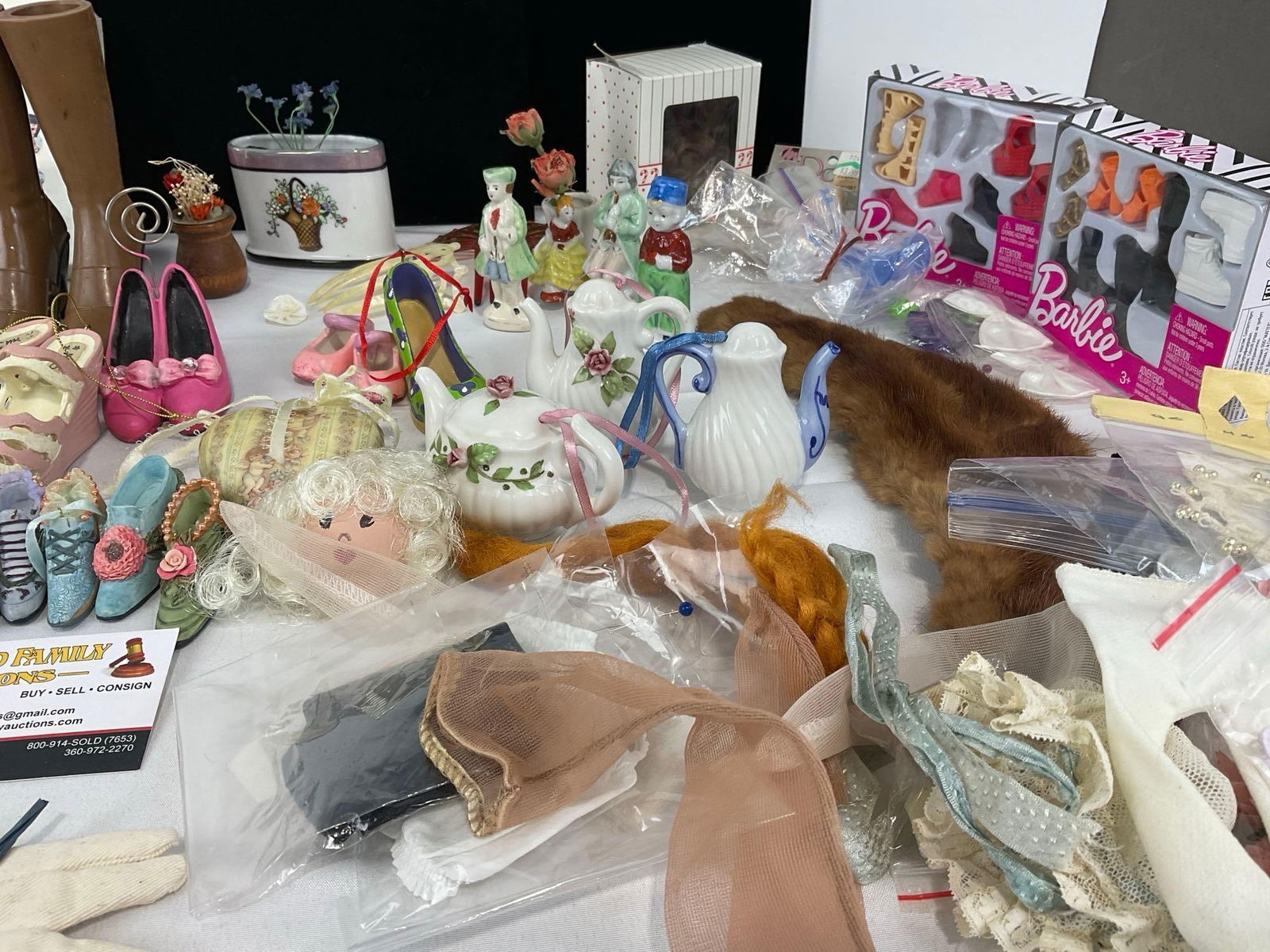 Asst of Doll related Collectibles, Shoe & Teapot Figures, Asst Clothes, Planters, Combs, Patterns - 3