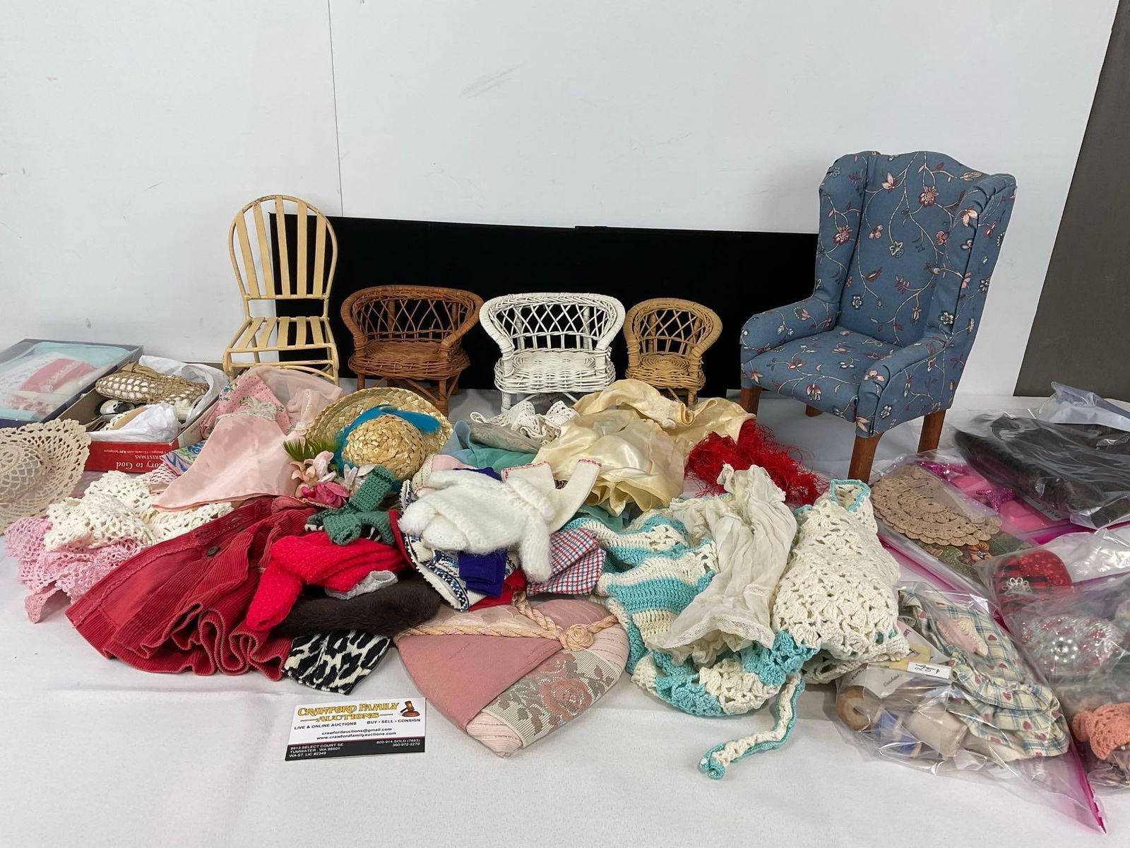 Assorted Doll Furniture, Clothes, and Accessories, Highback Chair, Woven Loveseats, & more: Appears to be in good shape. The piece measures approx 19h x 17w x 9d inches. See pics. E-5430 