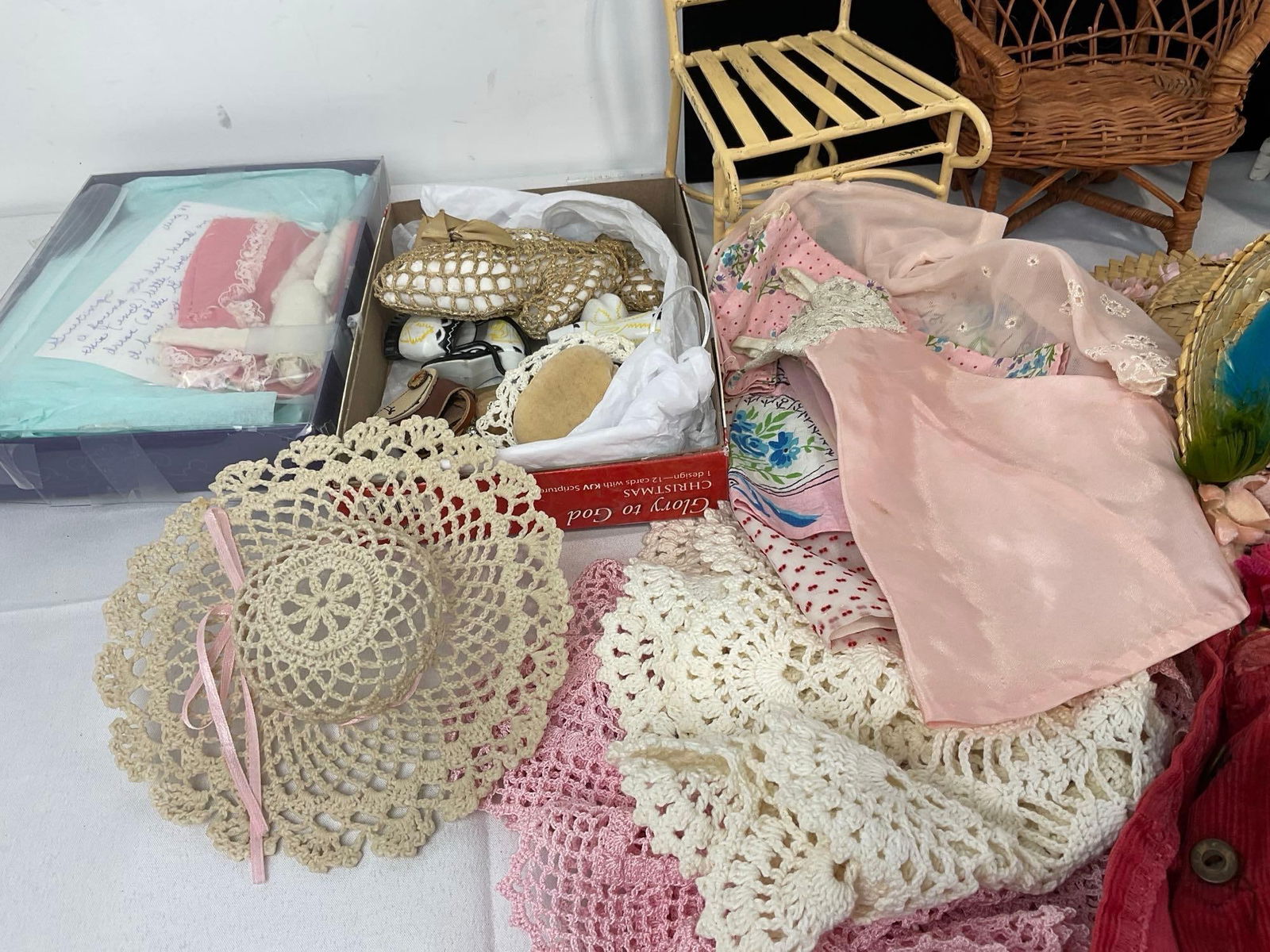 Assorted Doll Furniture, Clothes, and Accessories, Highback Chair, Woven Loveseats, & more - 2