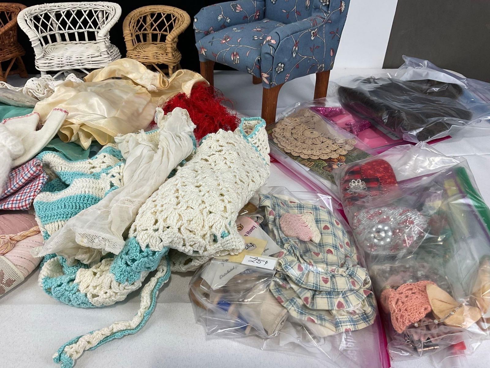 Assorted Doll Furniture, Clothes, and Accessories, Highback Chair, Woven Loveseats, & more - 4