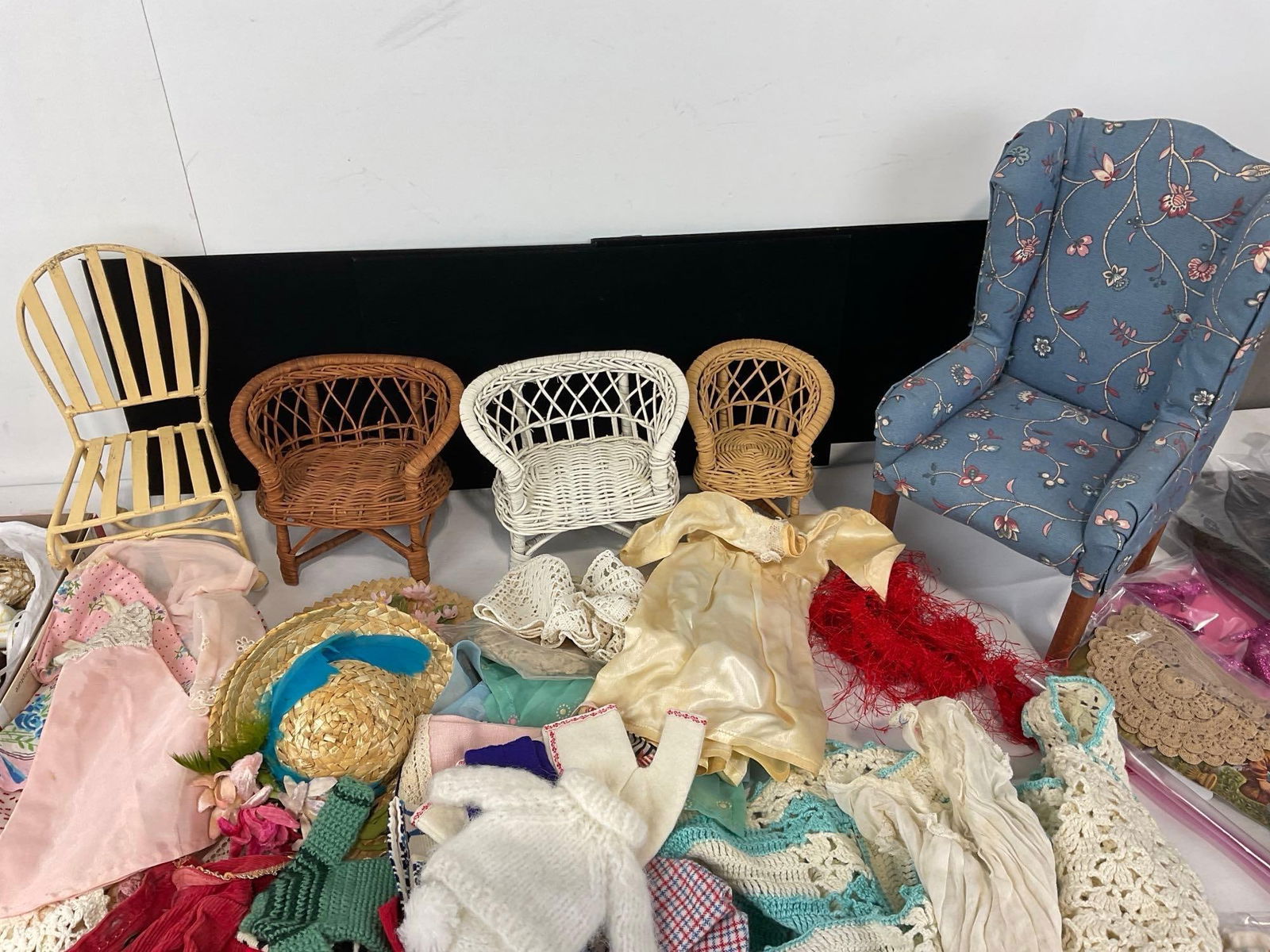 Assorted Doll Furniture, Clothes, and Accessories, Highback Chair, Woven Loveseats, & more - 5