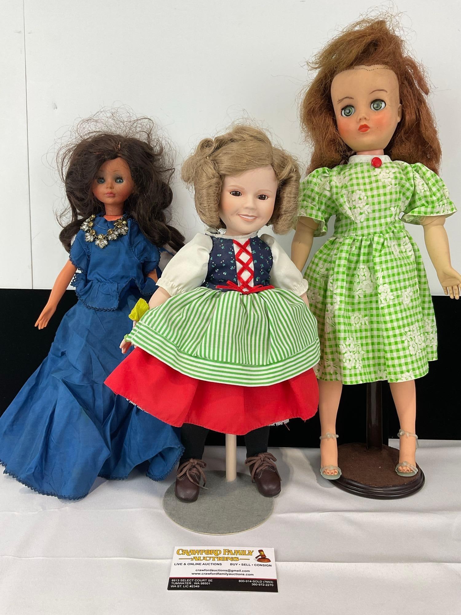 3 Vintage Dolls, 1991 Shirley Temple, Horsman 1982 Green Checkerboard & 1965 Made in Italy #736 D...: Appears to be in good shape. The piece measures approx 10h x 18w x 9d inches. See pics. E-5430 