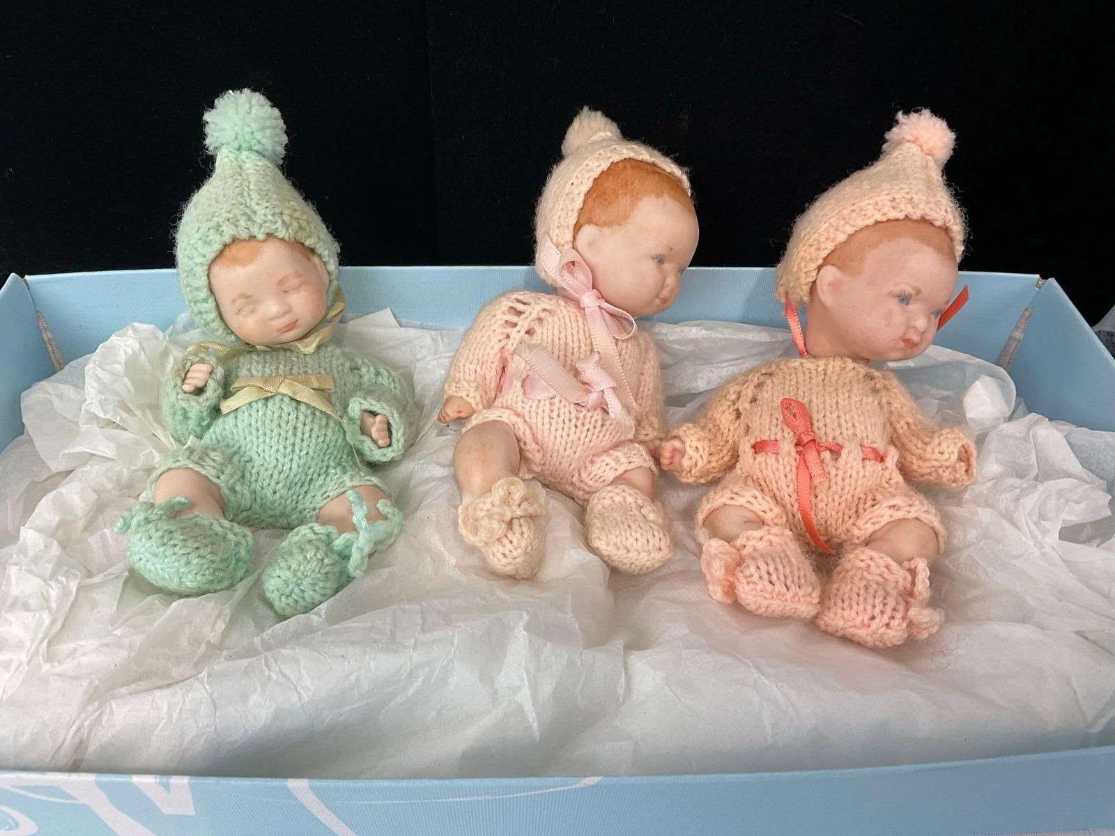 Trio of Baby Figures w/knit clothes, Pair of Dolls, w/ 5 stands - 2