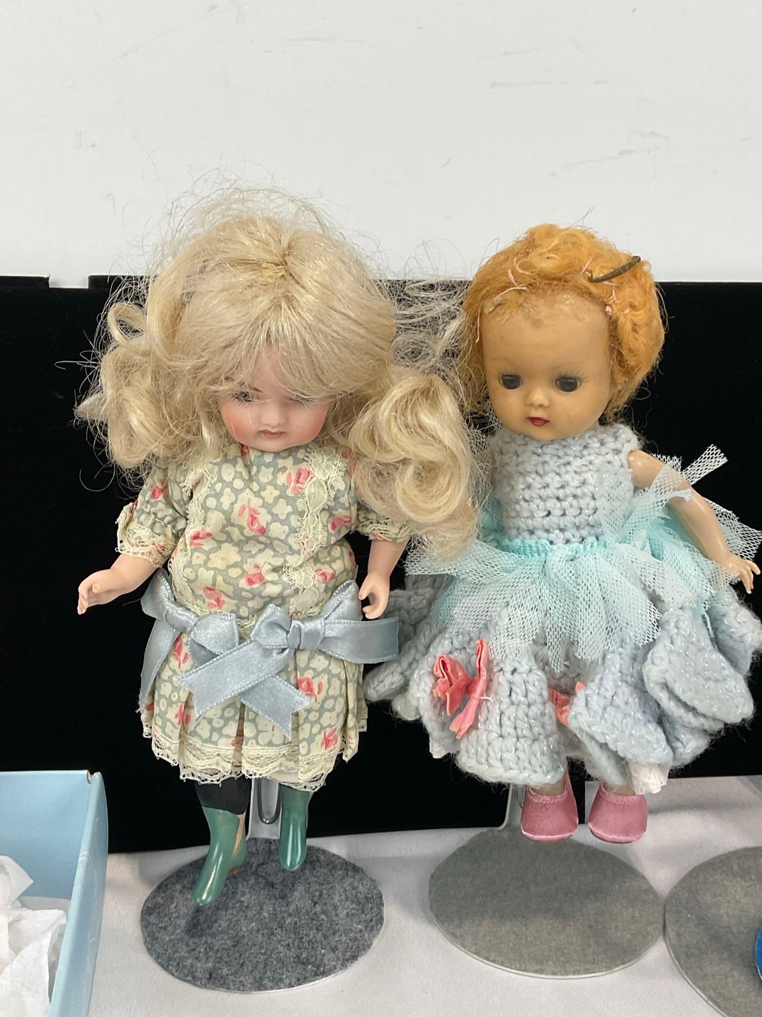 Trio of Baby Figures w/knit clothes, Pair of Dolls, w/ 5 stands - 3