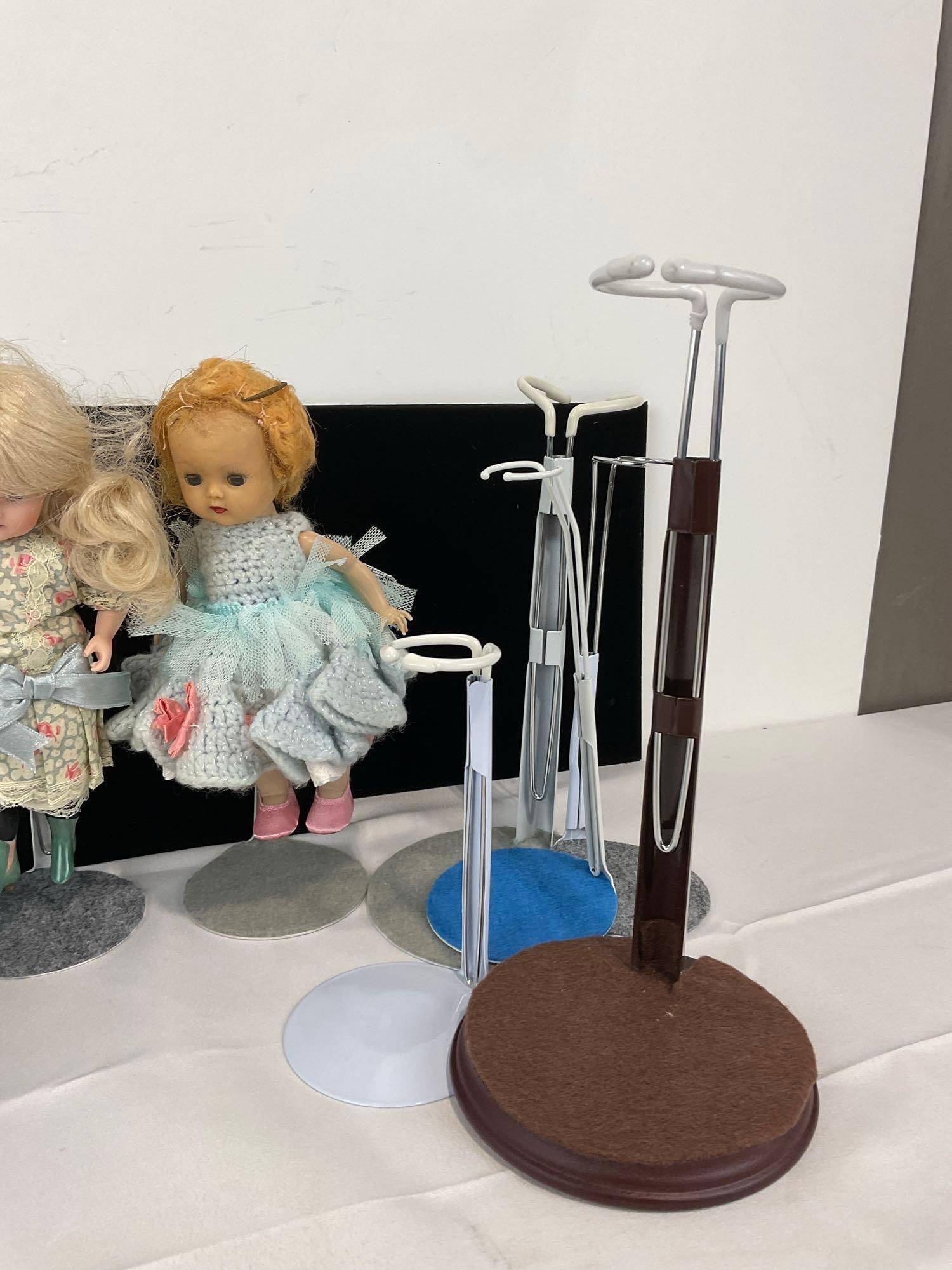 Trio of Baby Figures w/knit clothes, Pair of Dolls, w/ 5 stands - 4