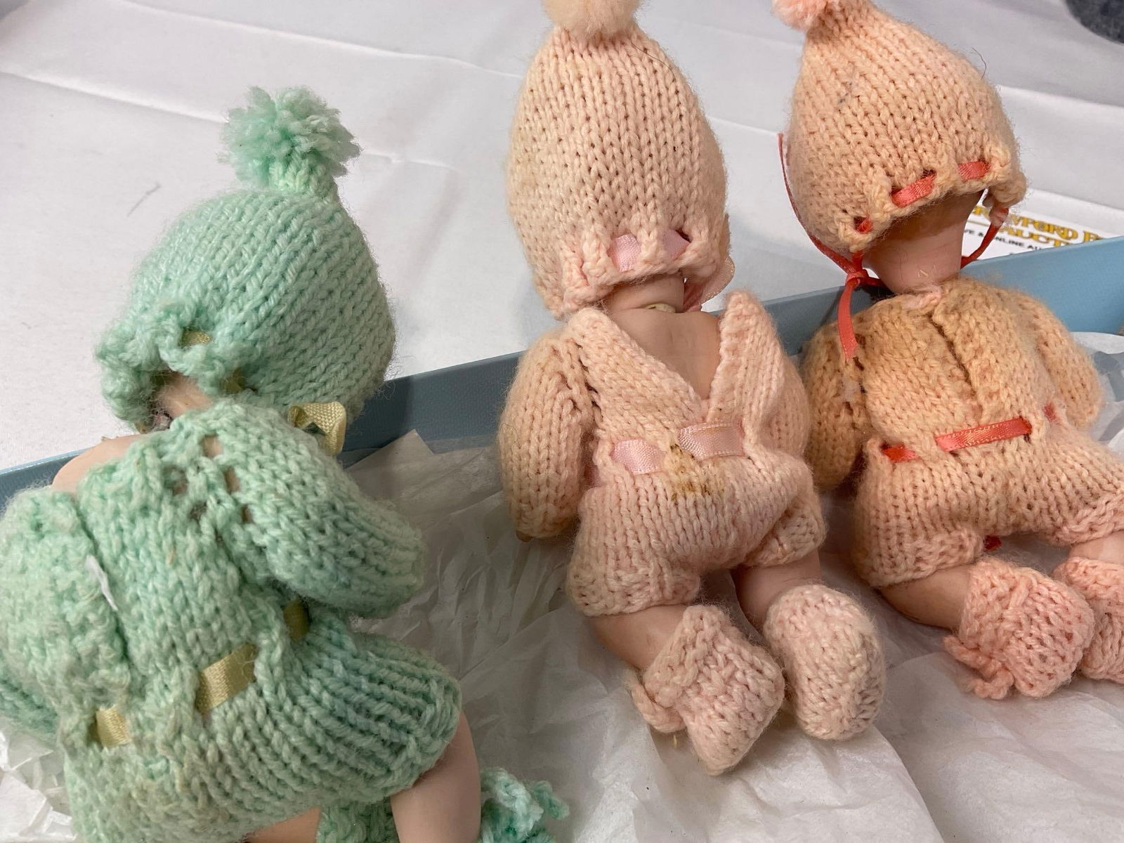 Trio of Baby Figures w/knit clothes, Pair of Dolls, w/ 5 stands - 5