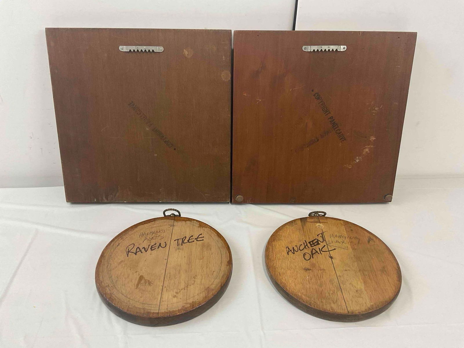 4 pcs Vintage Wood Wall Carvings, incl. 2x Panelcarve Suns & 2x Trees. Excellent Condition. - 8