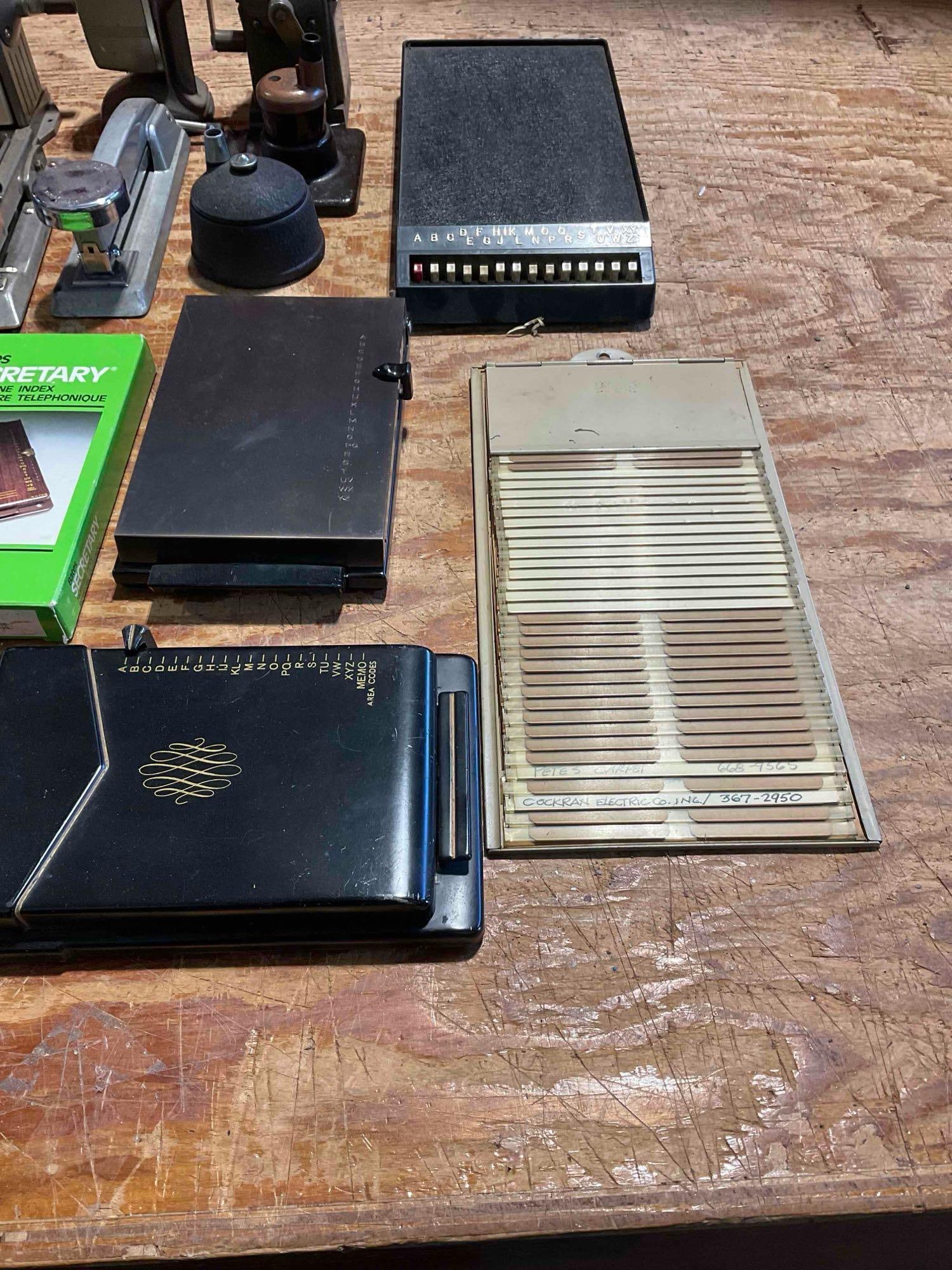 A Collection of Vintage Office Gear, Pencil Sharpeners, Staplers, and Phone Indexs - 5