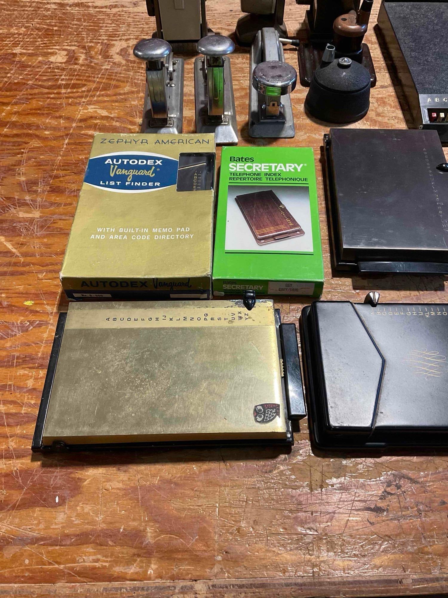 A Collection of Vintage Office Gear, Pencil Sharpeners, Staplers, and Phone Indexs - 6