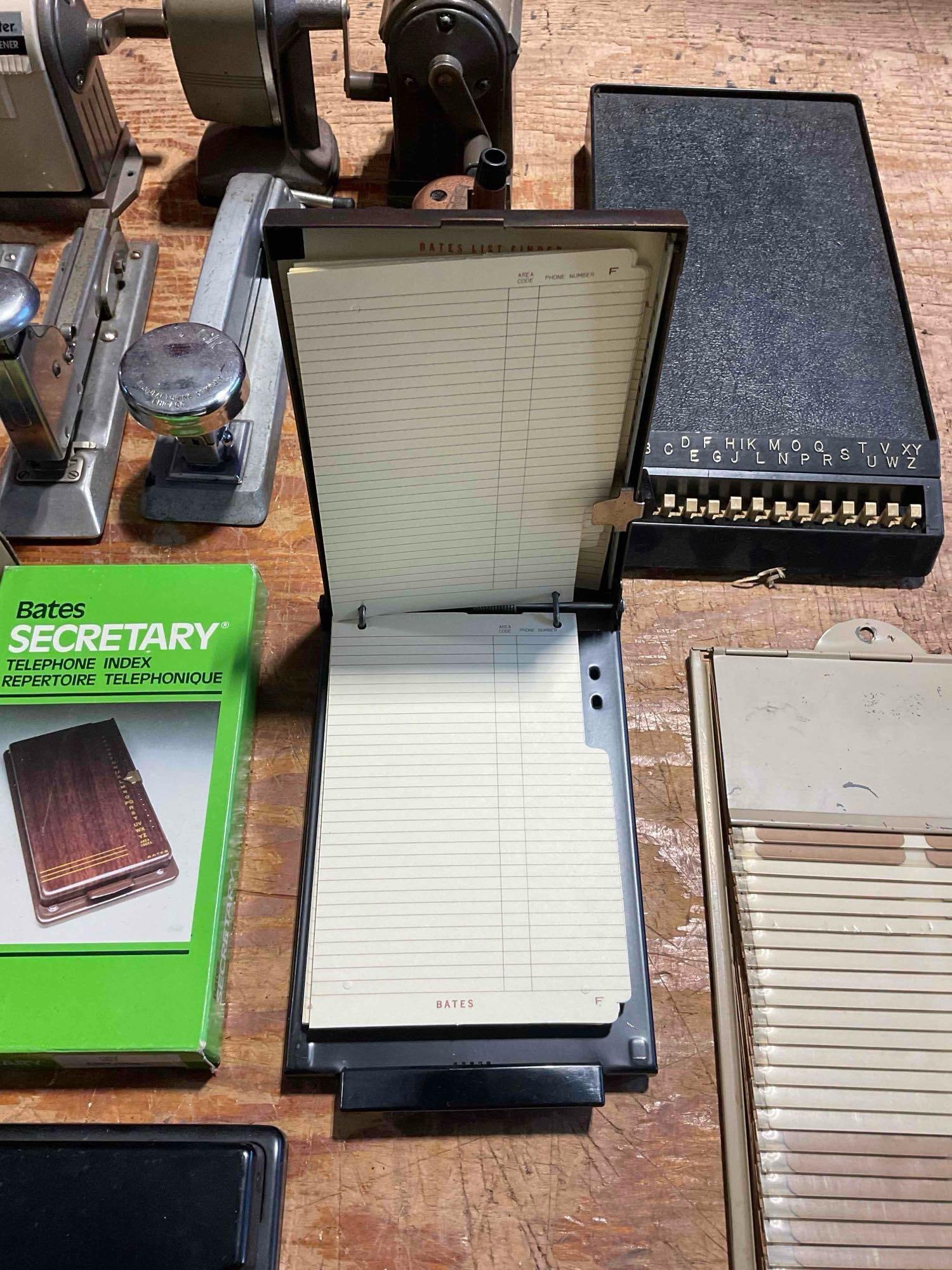 A Collection of Vintage Office Gear, Pencil Sharpeners, Staplers, and Phone Indexs - 8
