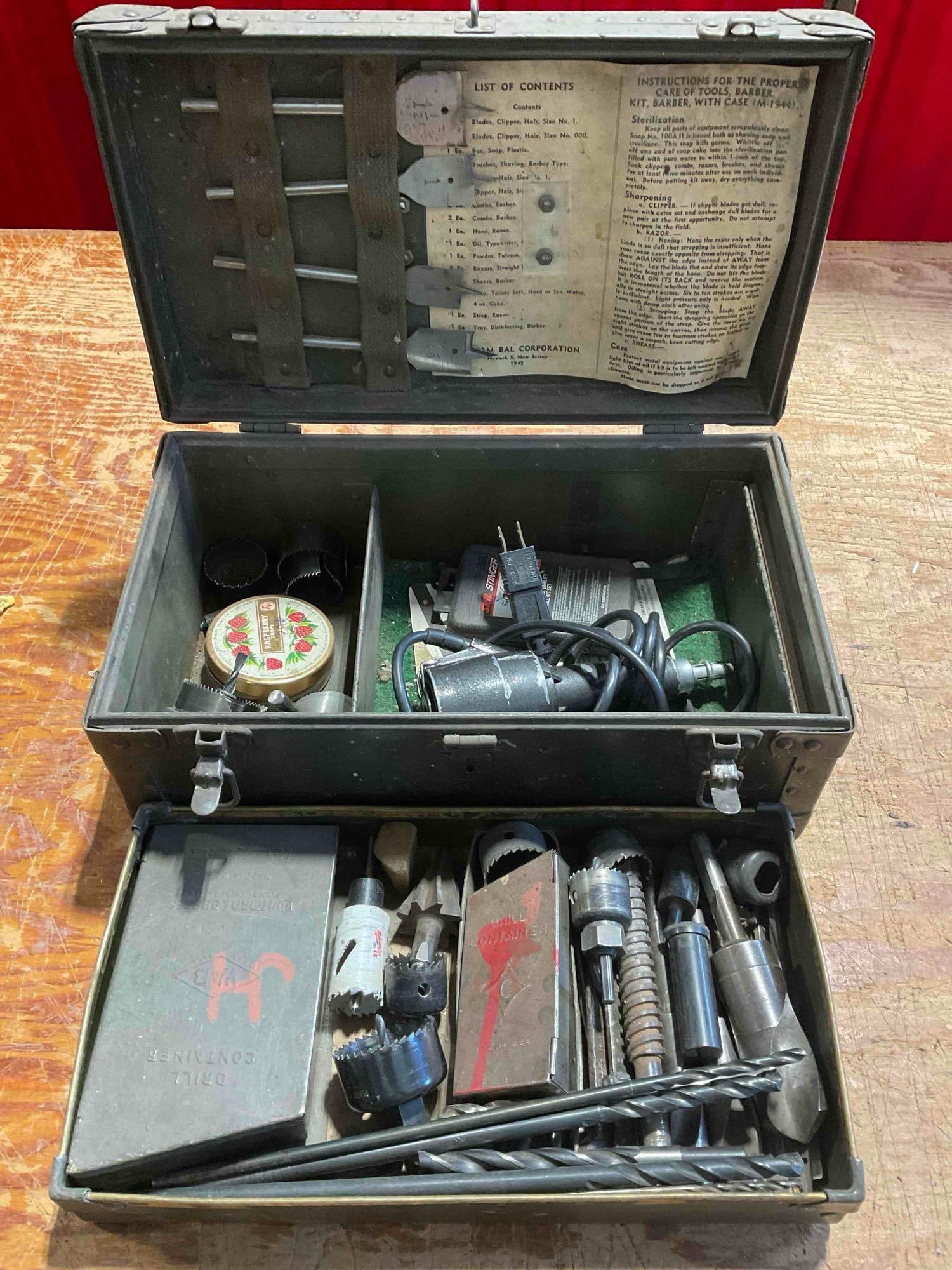 Collection of Drill Tools Including Bruning Brand Rotary Etching Tool and Accessories: Approximately 16" x 10" x 8". Items are in fair condition. As is v-5360 