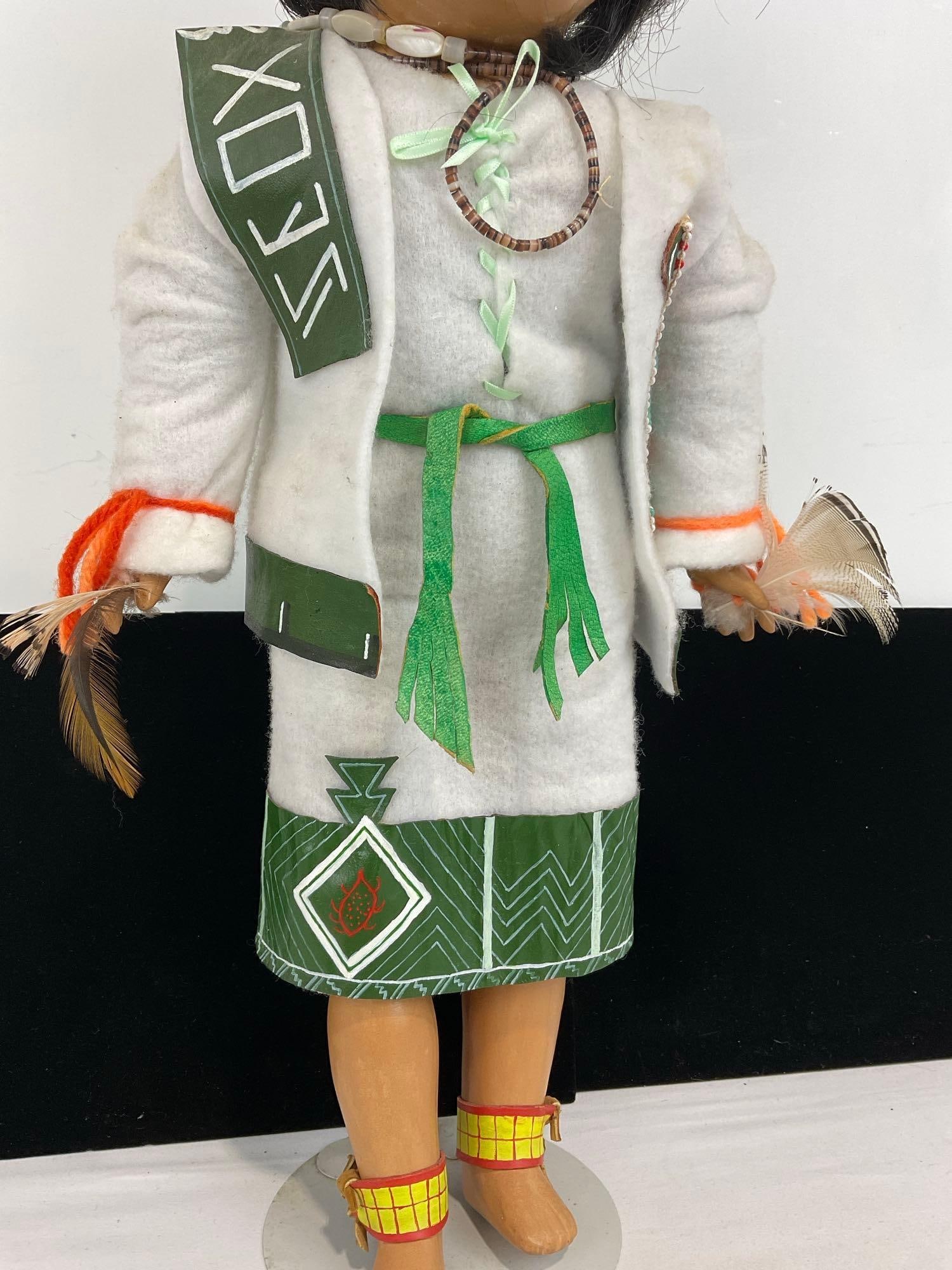 Handmade Native American Doll, Ornate Green/White Clothes, w/intricate beadwork, 19x9x5 inches - 3