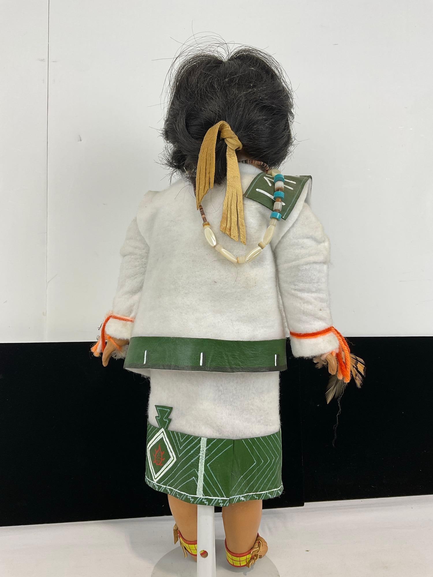 Handmade Native American Doll, Ornate Green/White Clothes, w/intricate beadwork, 19x9x5 inches - 5