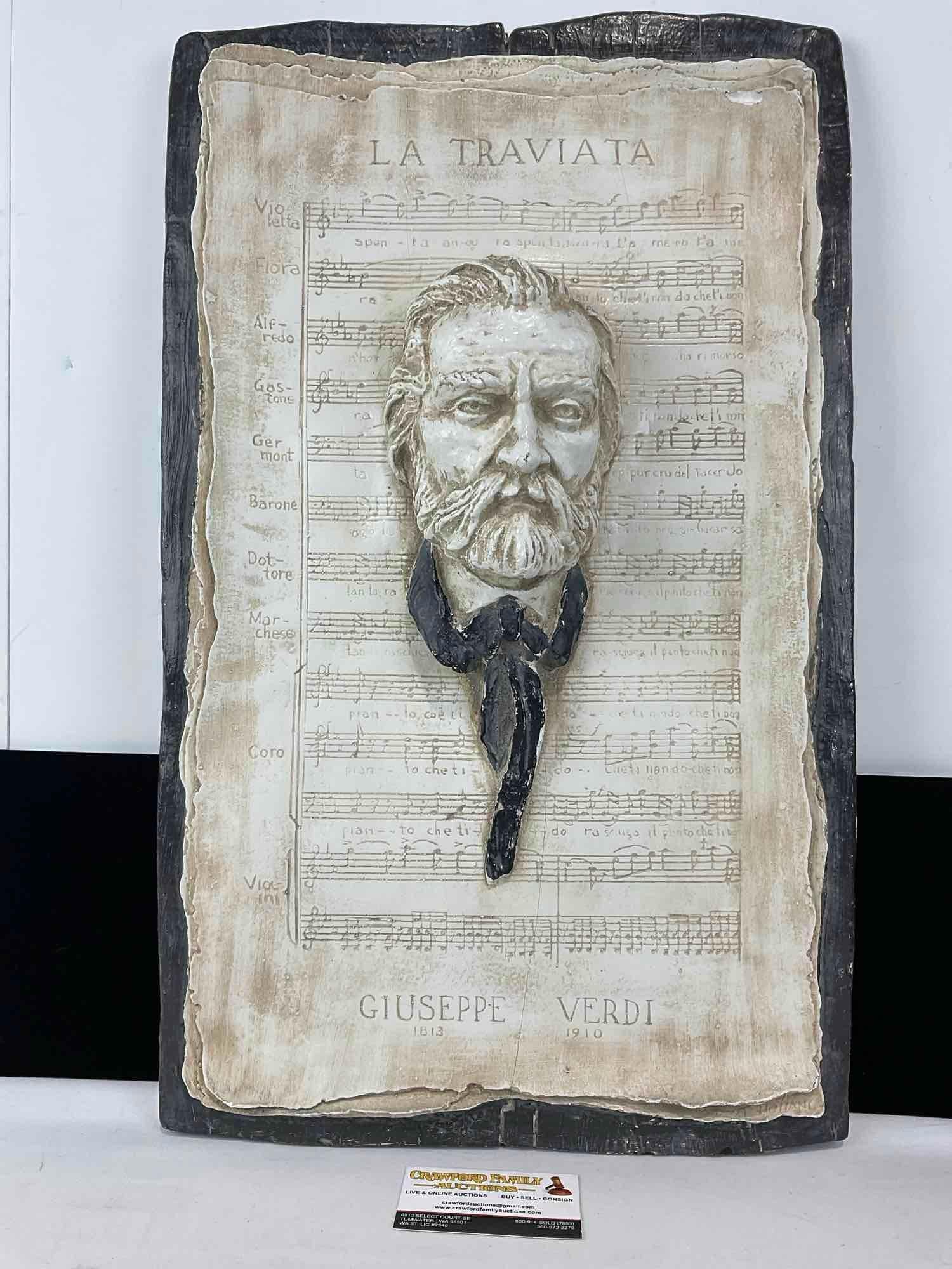 Large Plaster/Composite La Traviata by Giuseppe Verdi Plaque, Composers Bust on Music Page, 25x16...: Similar to the last piece. Appears to be in fair shape, some wear can be seen, some cracks in, and across the piece. The piece measures approx 25h x 16w x 5d inches. See pics. E-5430 