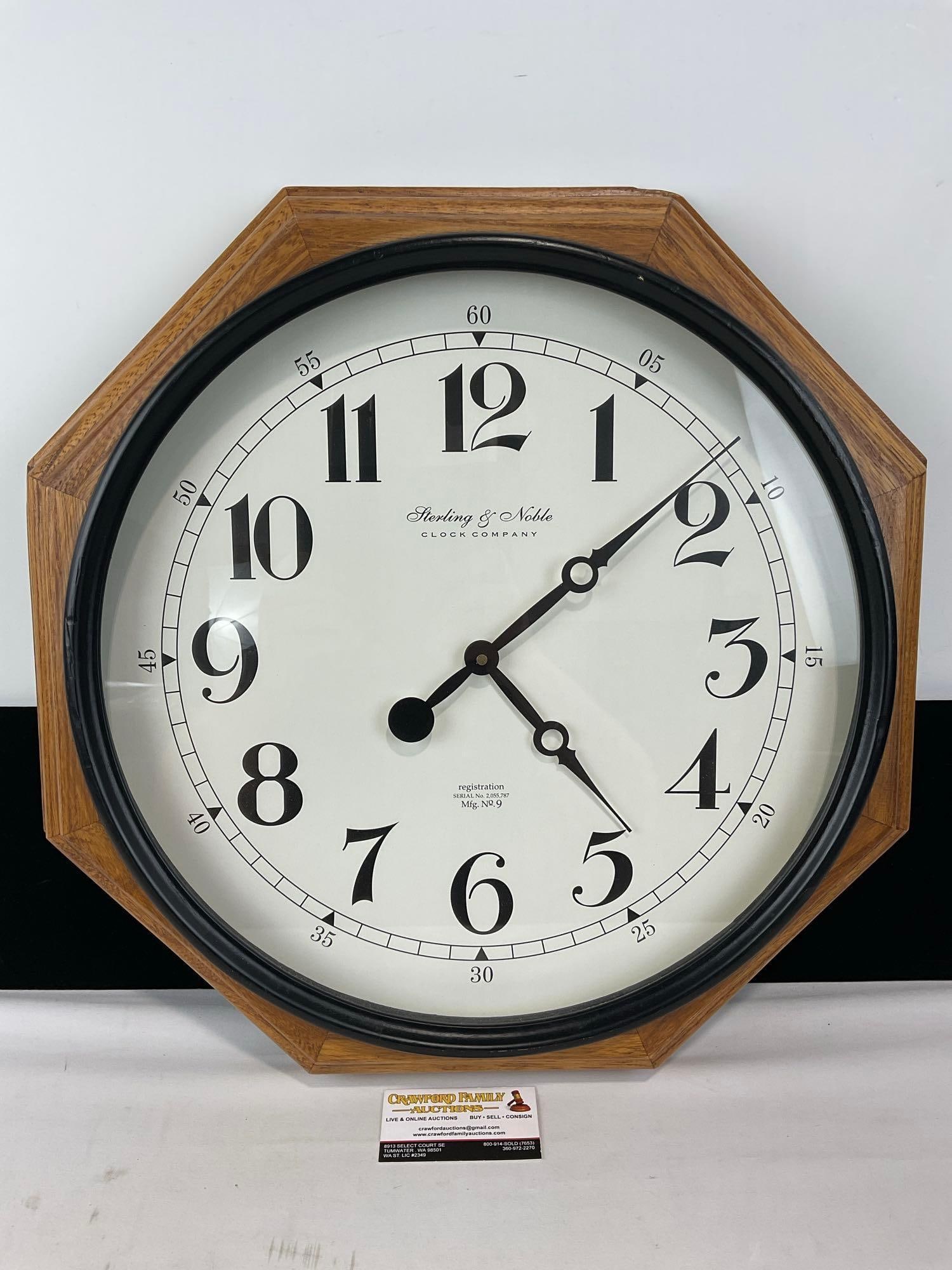 Vintage Sterling & Noble mfg no 9 Wall Clock, Octagonal Frame, 4h x 21w x 21d inches: Appears to be in good shape. The piece measures approx 4h x 21w x 21d inches. See pics. E-5400 