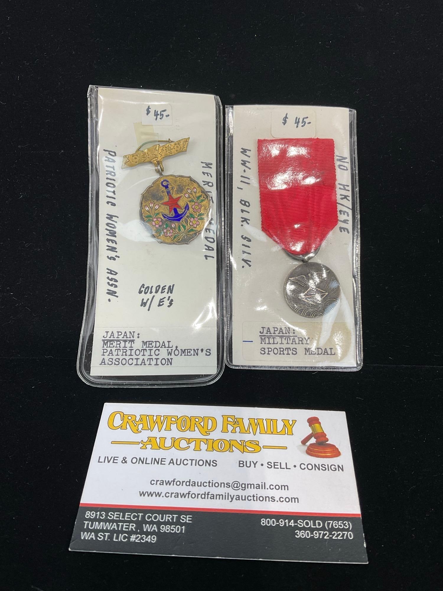 Pair of Japan Medals, Merit Medal Patriotic Womens Association & WW2 Military Sports Medal: All from a single collection, these are briefly described on the tag and were kept in a display. They measure approx 6h x 3w x 2d inches. See pics. E-5300