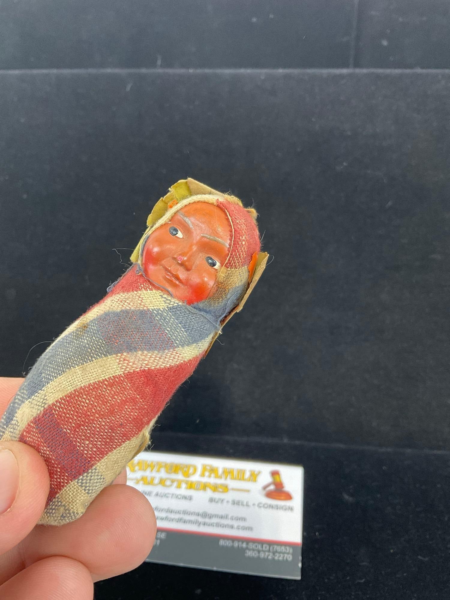 Early 20th Century Native American Papoose doll, 5h x 3w x 3d inches w/ Tag on it - 2