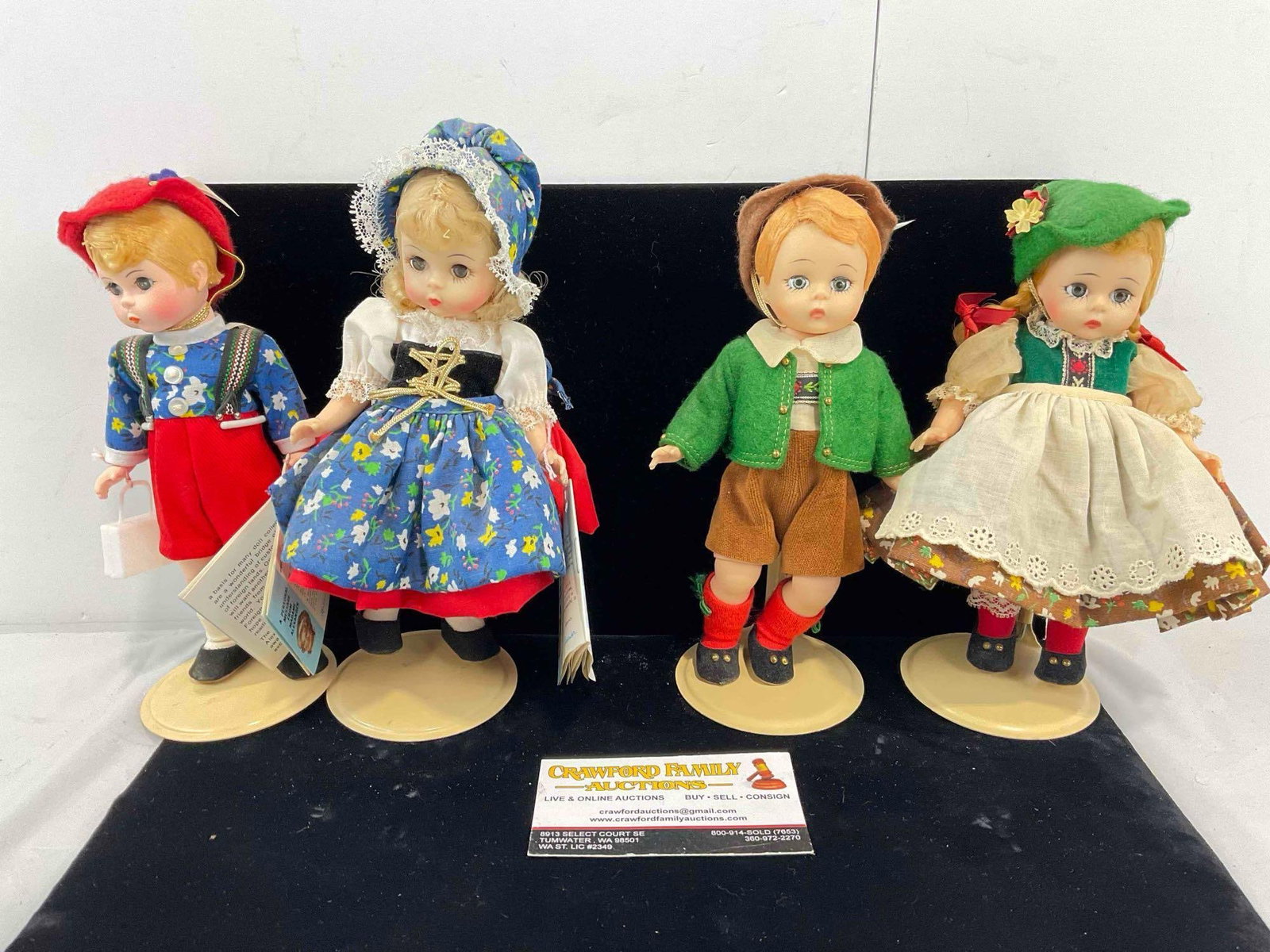 4 pcs Vintage Madame Alexander Porcelain Dolls w/ Stands, incl. Hansel & Gretel, & 2x Tyrolean.: 4 pcs Vintage Madame Alexander Porcelain Dolls w/ Stands, incl. Hansel, Gretel & 2x Tyrolean. Minor wear, condition is otherwise very good. Hansel & Gretel both have tags. Fits in box