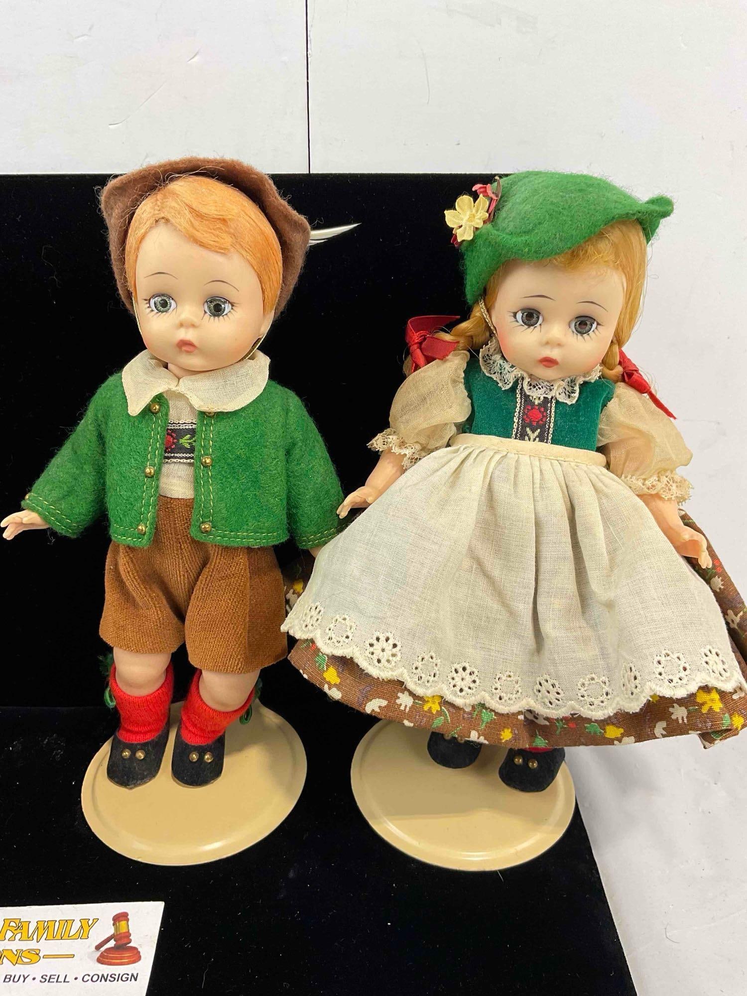 4 pcs Vintage Madame Alexander Porcelain Dolls w/ Stands, incl. Hansel & Gretel, & 2x Tyrolean. - 3