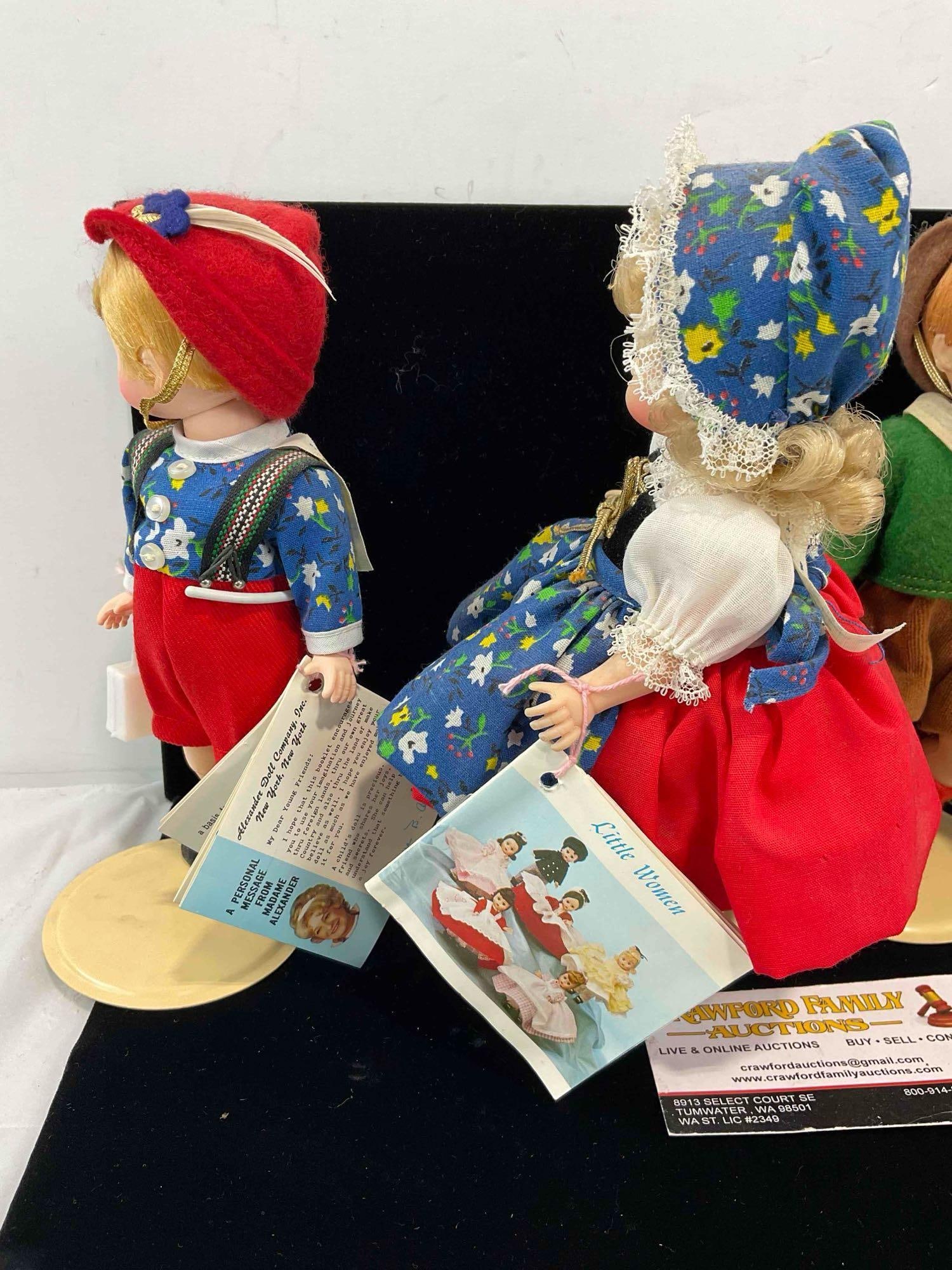 4 pcs Vintage Madame Alexander Porcelain Dolls w/ Stands, incl. Hansel & Gretel, & 2x Tyrolean. - 4