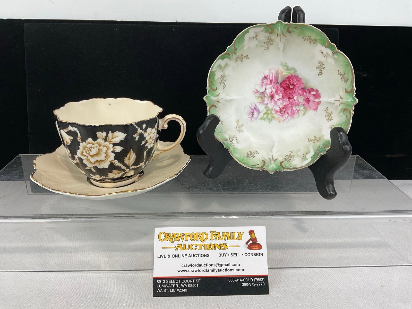 Antique Paragon Cup & Saucer, Black/White Floral Design & RS Prussia Bowl Green & Carnation Pattern (1 of 6)