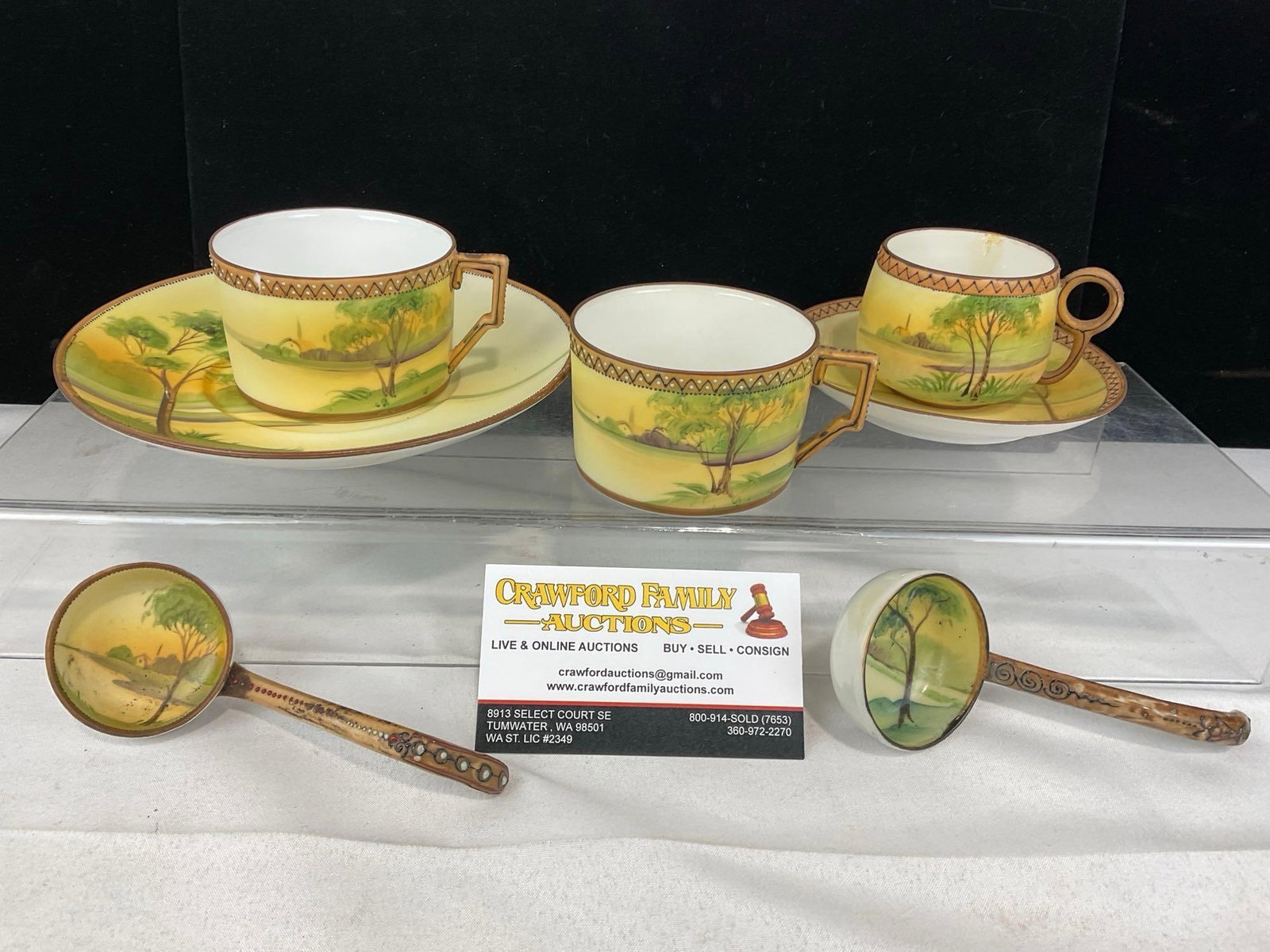 Nippon China Yellow/Green Tree Village River Scenes, 3 Demitasse Cups & 2 Saucers, 2 Spoons (1 of 6)