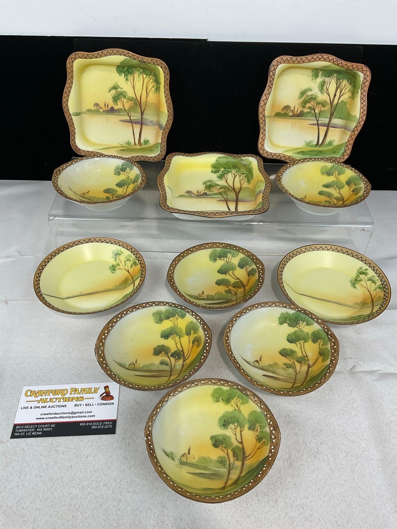 Nippon China Yellow/Green Tree Village River Scenes, 8 small round plates & 3 Square Dishes (1 of 6)
