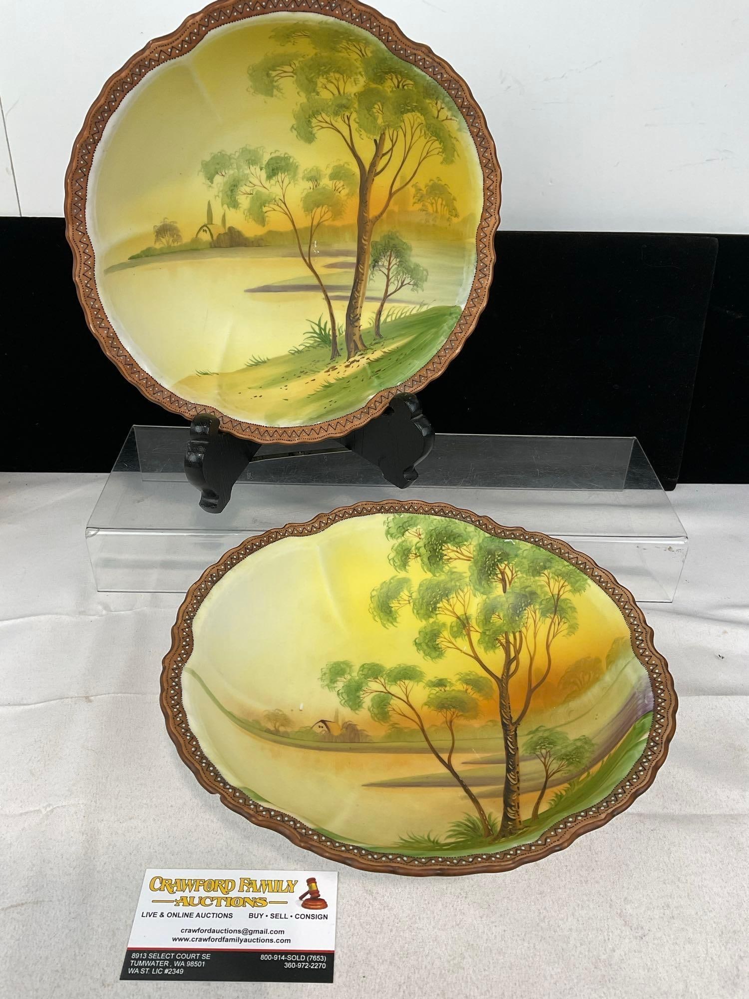 Nippon China Yellow/Green Tree Village River Scenes, 2 Large Bowls, 4h x 11w x 11d inches: Appears to be in fair to good shape, one chip on the rim. The piece measures approx 4h x 11w x 11d inches. See pics. E-5700 