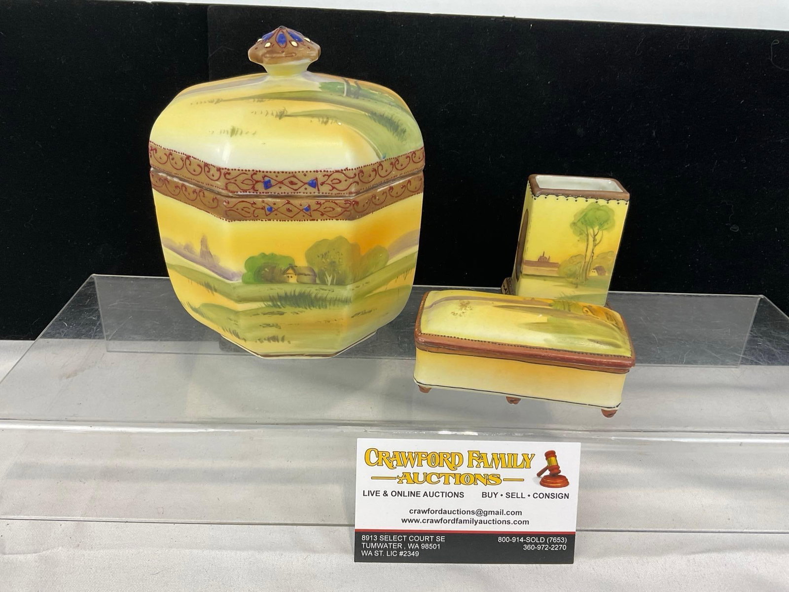 Nippon China Yellow/Green Tree Village River Scenes, Biscuit Jar, Trinket Box & Small Candle Holder (1 of 5)