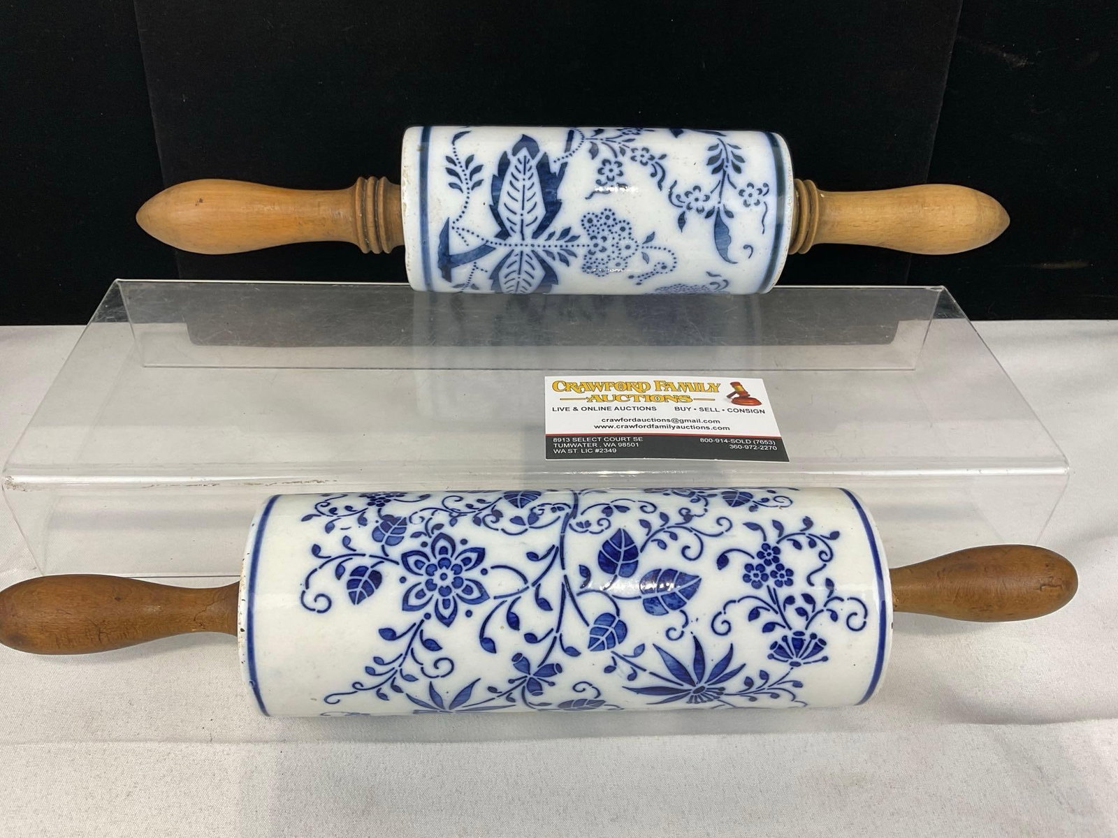 Pair of Antique German Blue & White Porcelain Rolling Pins, Blue Onion pattern, 4h x 8w x 16d inc...: Appears to be in good shape. The pieces measures approx 4h x 8w x 16d inches. See pics. E-5520 