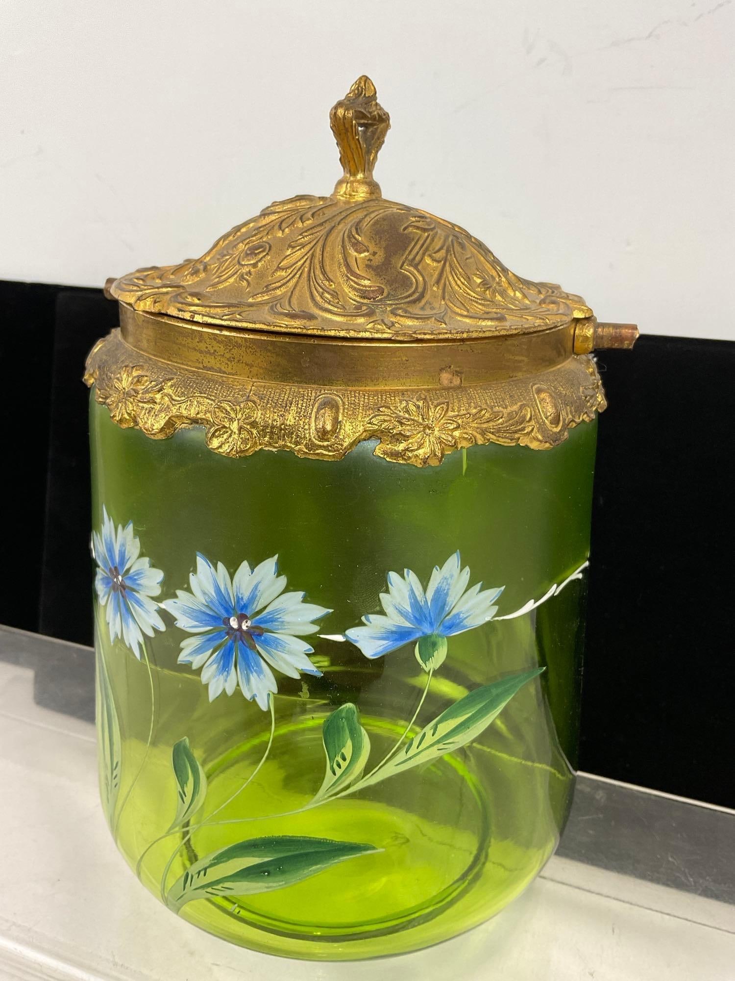 Vintage Handpainted Vaseline? Green Glass Biscuit Barrel, w/ Gold tone metal Lid 9hx 6w x6d - 2