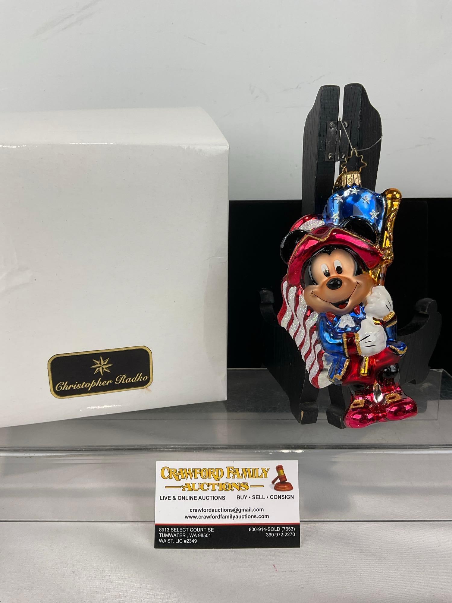 Vintage Disney Mickey July 4th USA Christopher Radko Christmas Ornament, w/box, 5h x 8w x 7d inches: Appears to be in good shape. The piece measures approx 5h x 8w x 7d inches. See pics. E-5520 