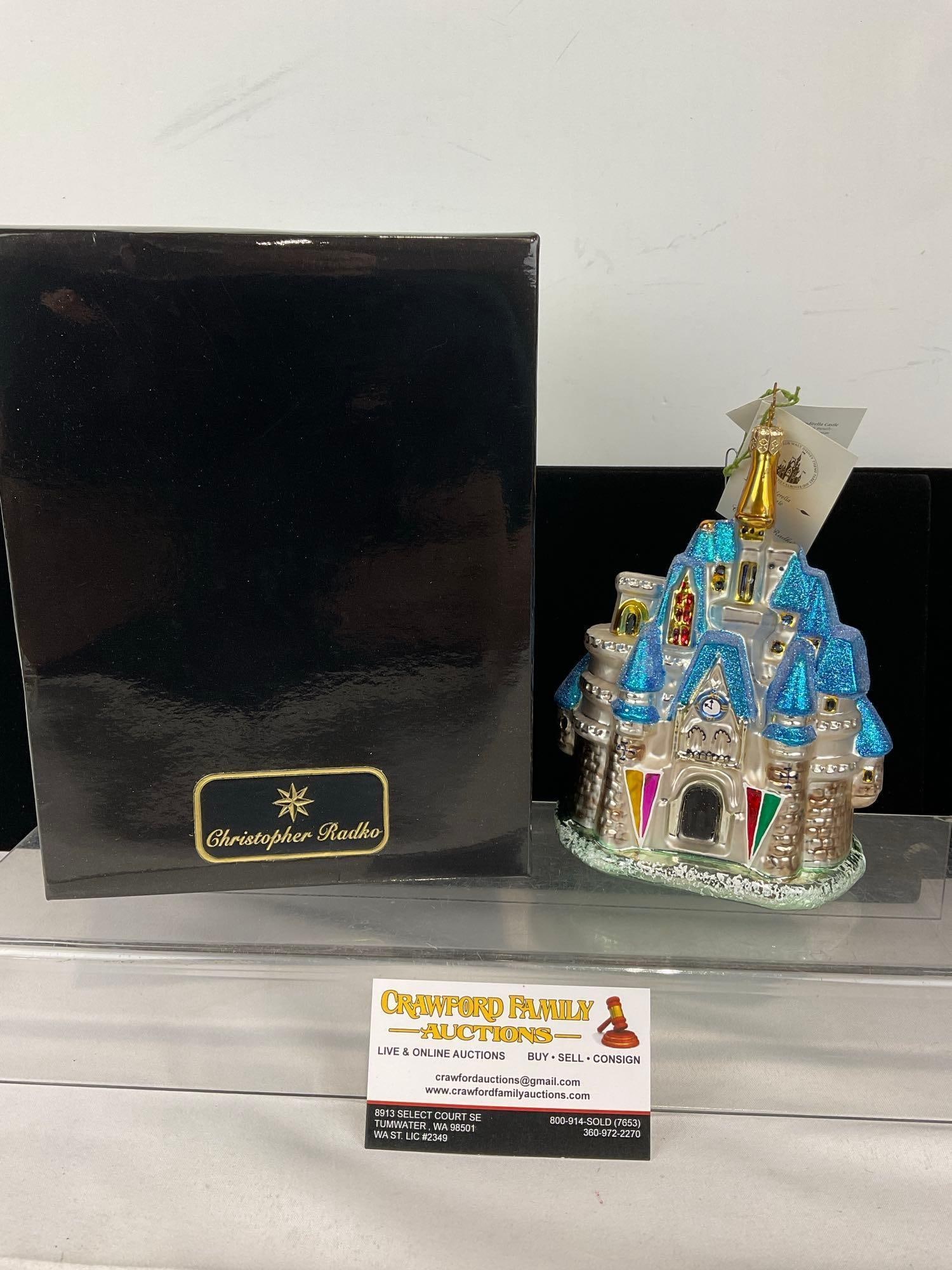 Vintage Disney Cinderellas Castle Christopher Radko Christmas Ornament, w/box, 5h x 10w x 8d inches: Appears to be in good shape. The piece measures approx 5h x 10w x 8d inches. See pics. E-5520 