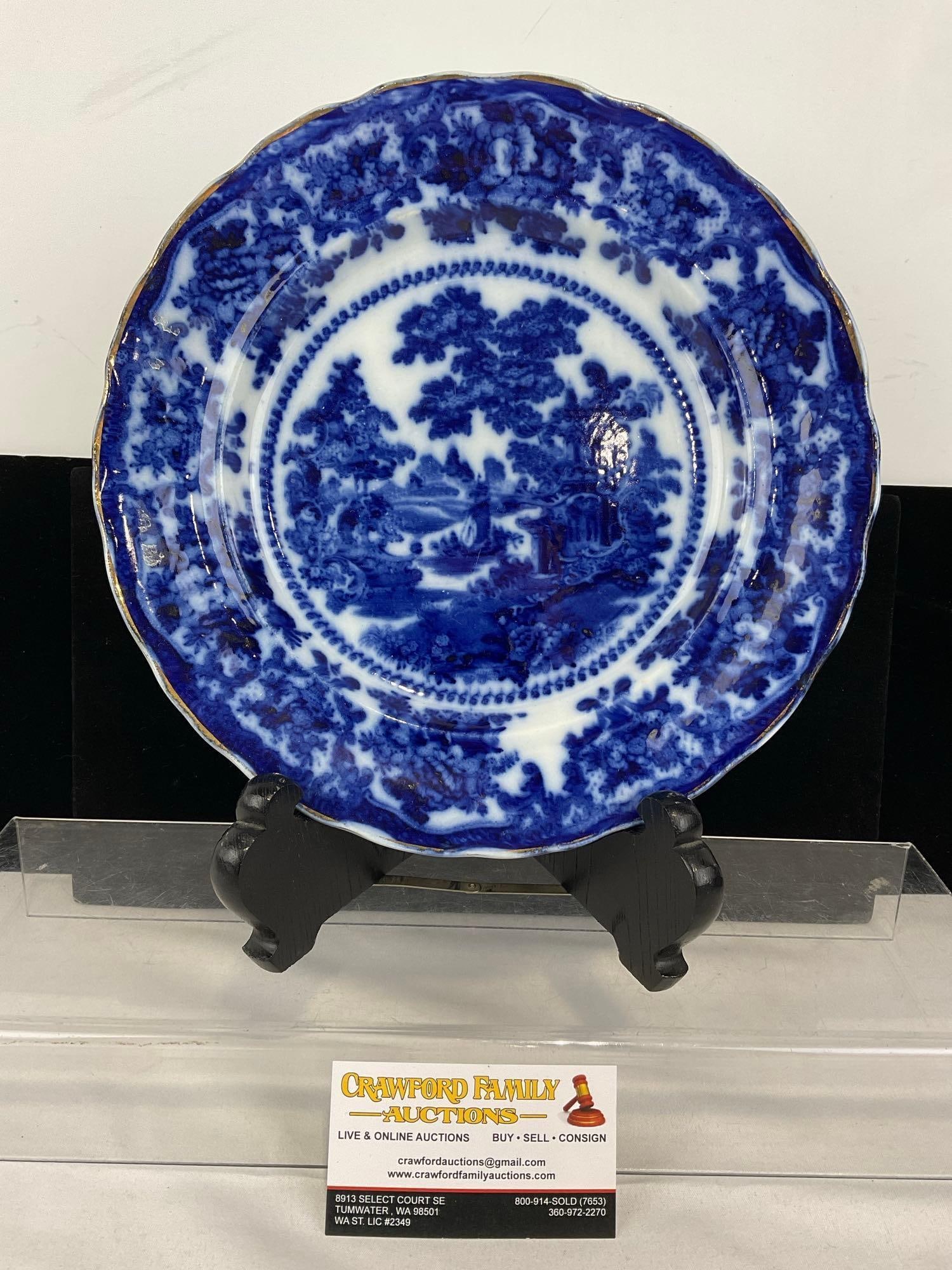 Antique 1900s W. Adams & Co Flow Blue Dinner Plate Fairy Villas Pattern, 2h x 11w x 11d inches: Appears to be in good shape. The piece measures approx 2h x 11w x 11d inches. See pics. E-5520 