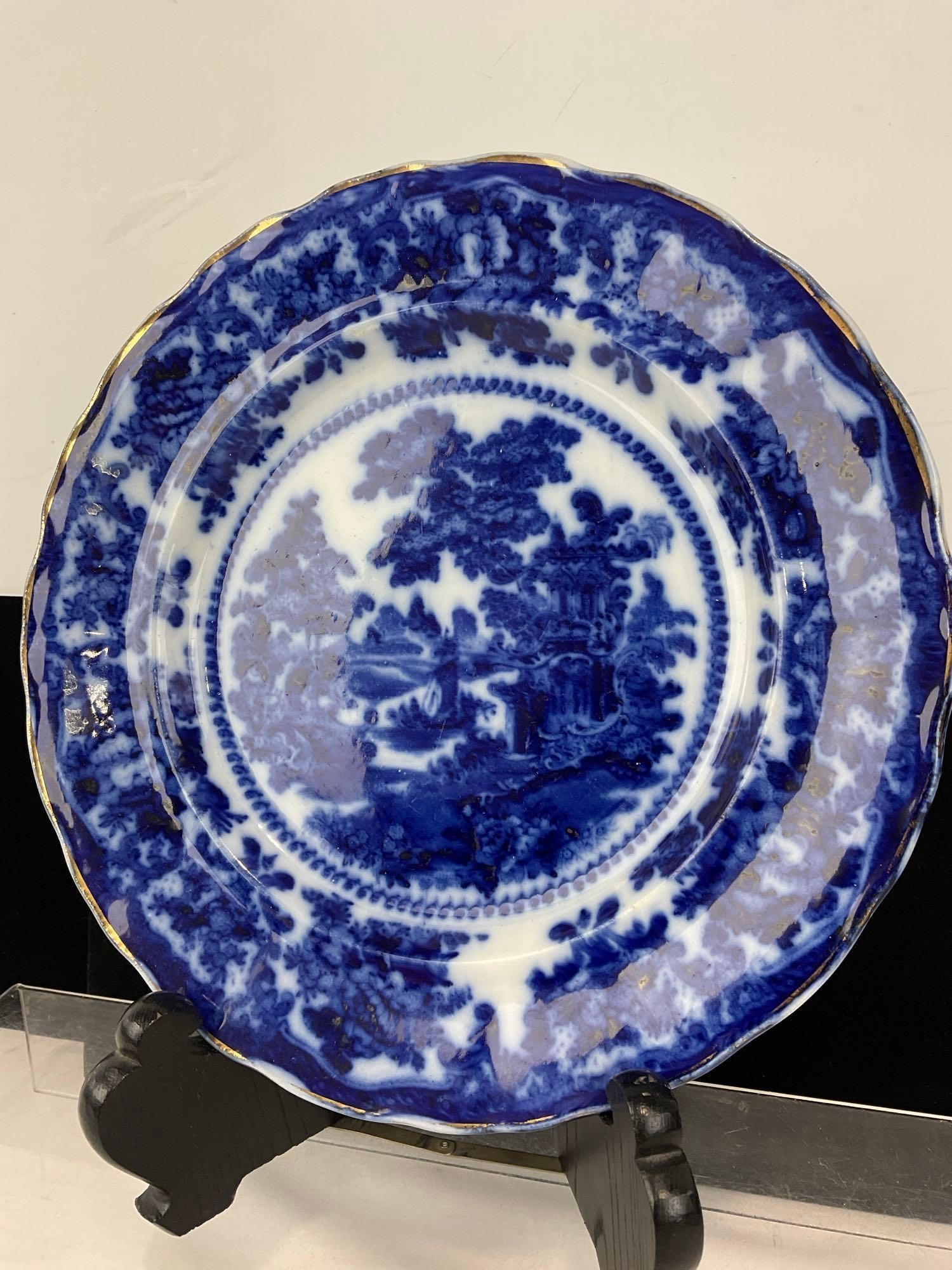 Antique 1900s W. Adams & Co Flow Blue Dinner Plate Fairy Villas Pattern, 2h x 11w x 11d inches - 2